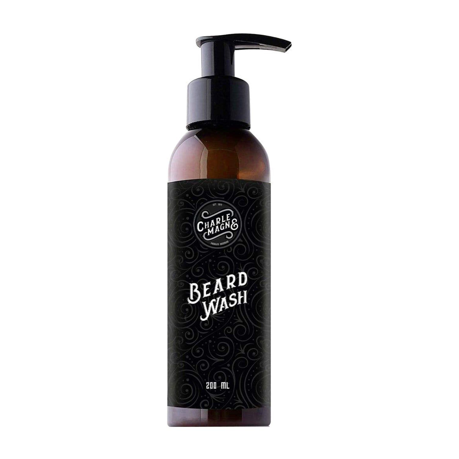 Bouteille de nettoyant pour barbe avec pompe et étiquette noire.