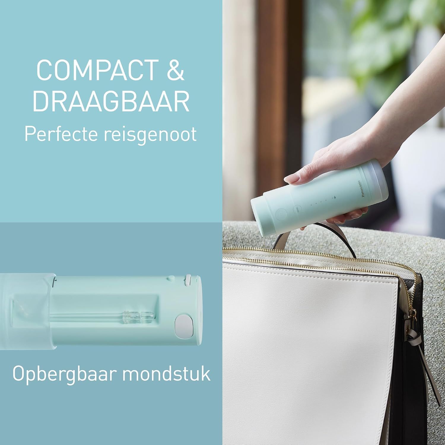 Vrouw gebruikt monddouche; verwijdert voedselresten, plaque, bacteriën.