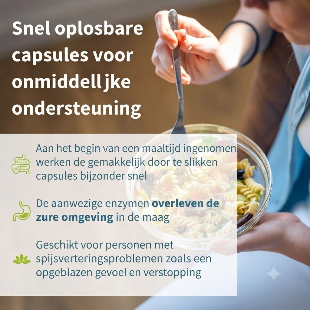 Snel oplosbare capsules voor onmiddellijke ondersteuning bij spijsverteringsproblemen.