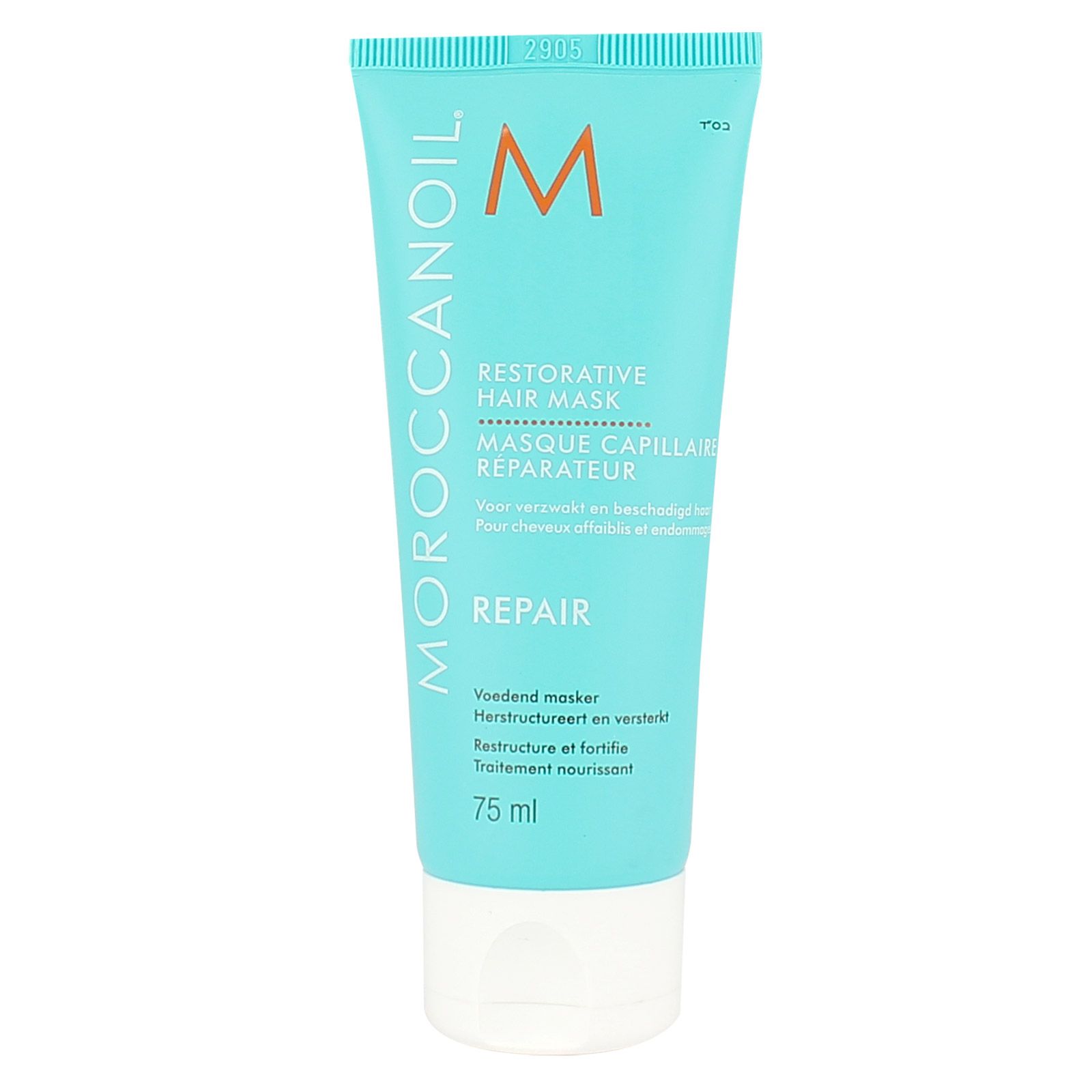Tube Moroccanoil Restorative Hair Mask, 75 ml. Emballage turquoise avec logo orange et informations sur le produit.