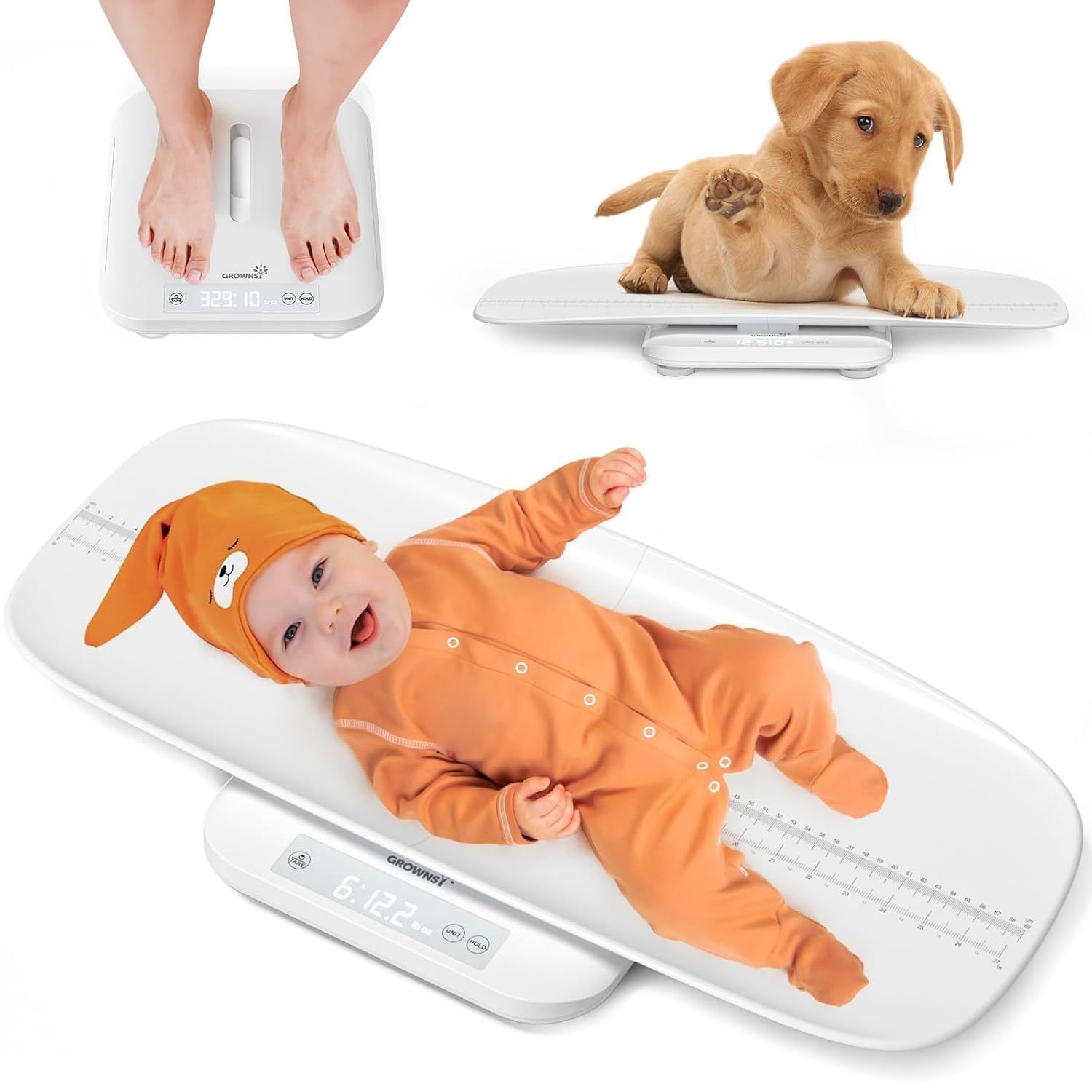 Babyweegschaal met afneembaar dienblad, baby, puppy en volwassen voeten op weegschalen.