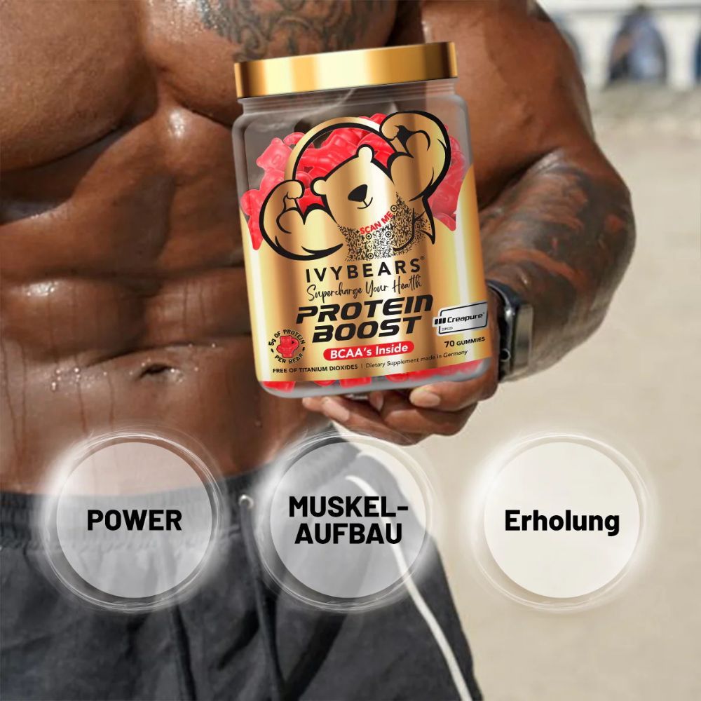 Homme tenant une boîte de gummies. Inscription: IVYBEARS Protein Boost. Symboles circulaires avec texte: Puissance, Développement musculaire, Récupération.
