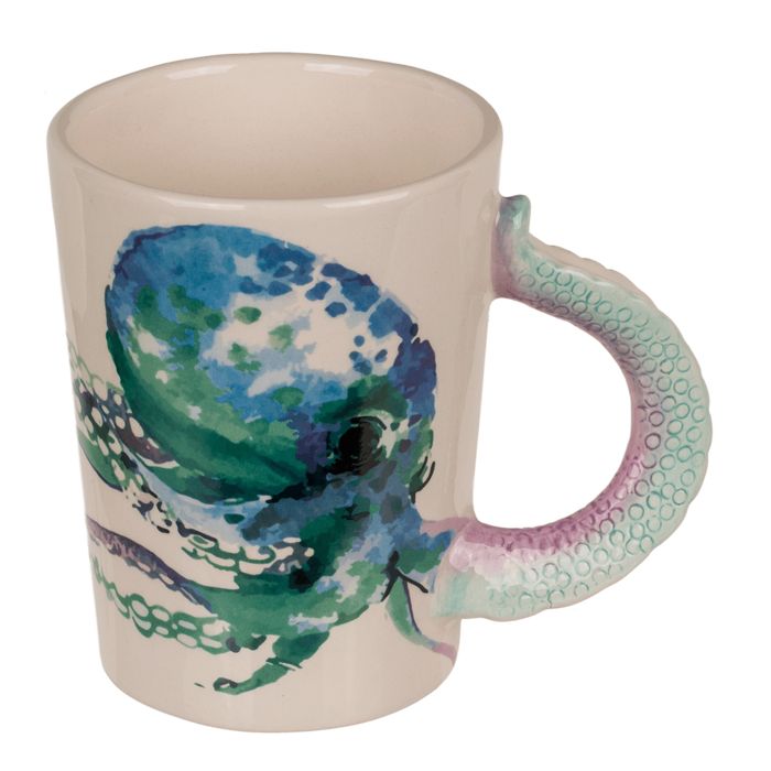 Beker met octopusontwerp. Handvat in tentakelvorm. Kleuren: blauw, groen, roze. Keramiek.