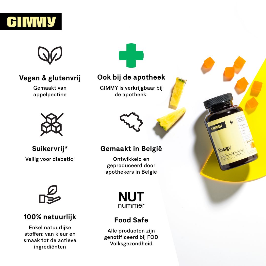 Tekst: Vegan & glutenvrij, Ook in apotheken, Suikervrij, Gemaakt in België, 100% natuurlijk, Voedselveilig.