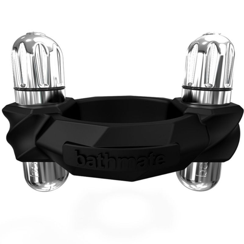 Anneau noir avec deux embouts argentés, marque 'bathmate' sur le devant.