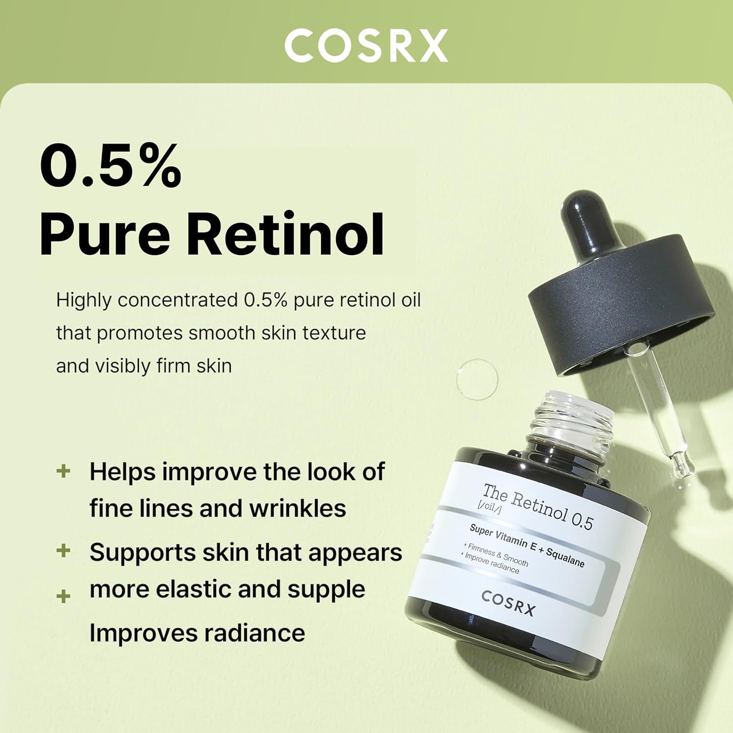 Flacon en verre avec pipette. Inscription: The Retinol 0.5. Super Vitamine E + Squalane. Logo COSRX. Texte: 0.5% Pure Retinol.