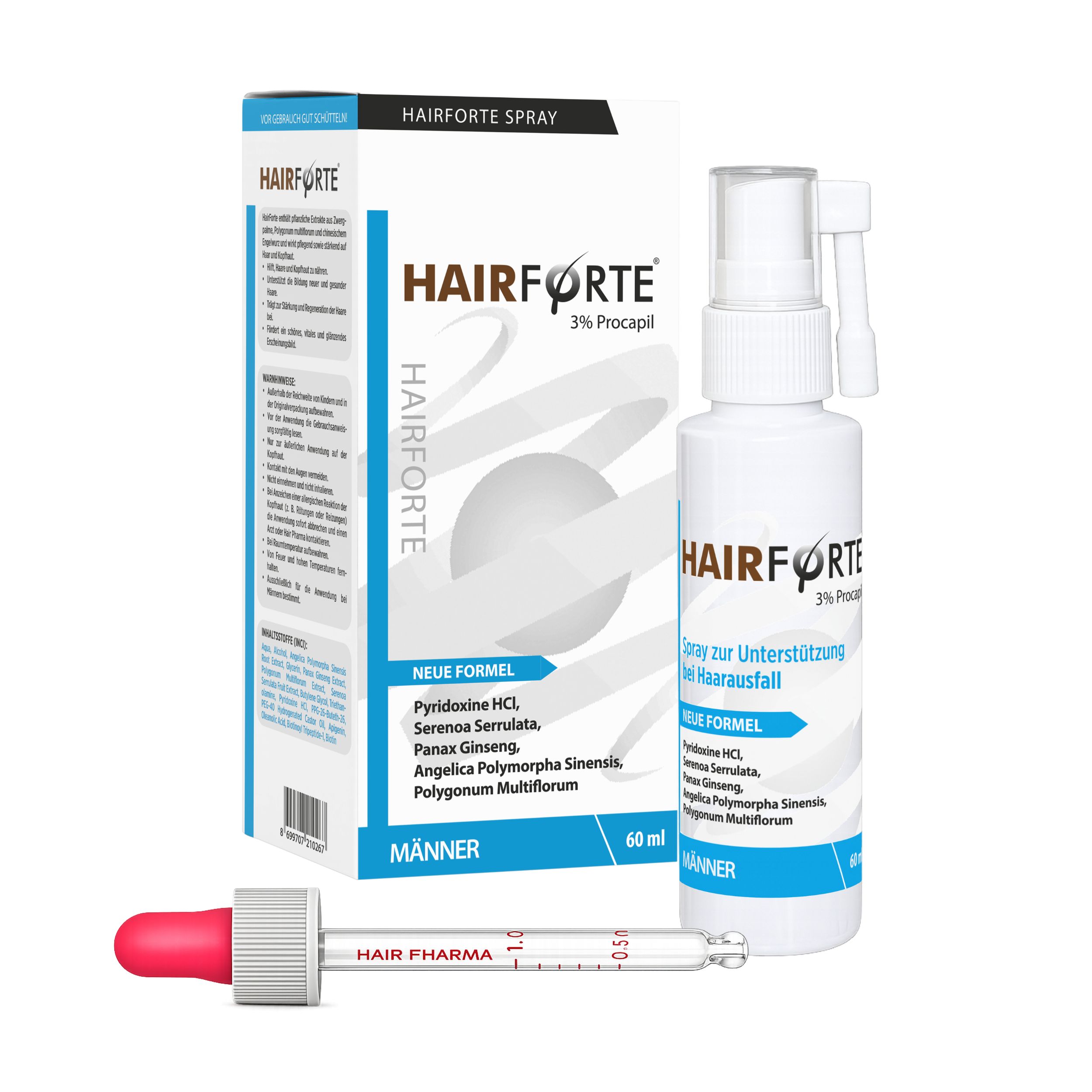Fles en doos Hairforte Spray 3% Procapil met pipet.