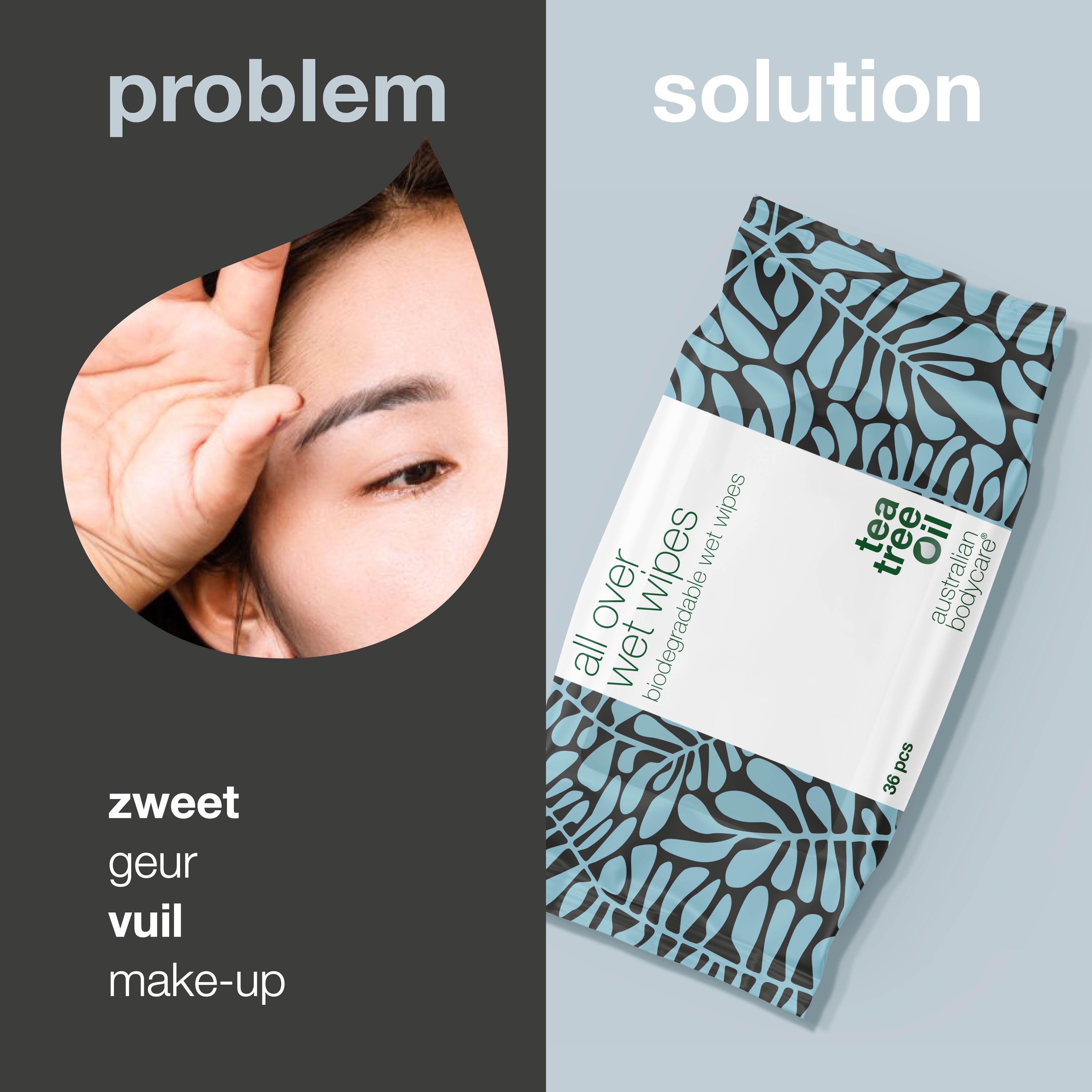 Gezicht met probleemzones. Rechts: verpakking vochtige doekjes met tea tree olie. Tekst: all over wet wipes.