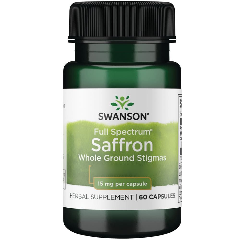 Bouteille verte de capsules SWANSON Full Spectrum Safran 15mg, 60 unités.