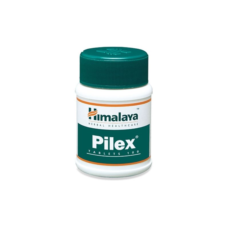 Flacon de comprimés blanc avec bouchon vert. Inscription Himalaya Pilex Tablets 100.