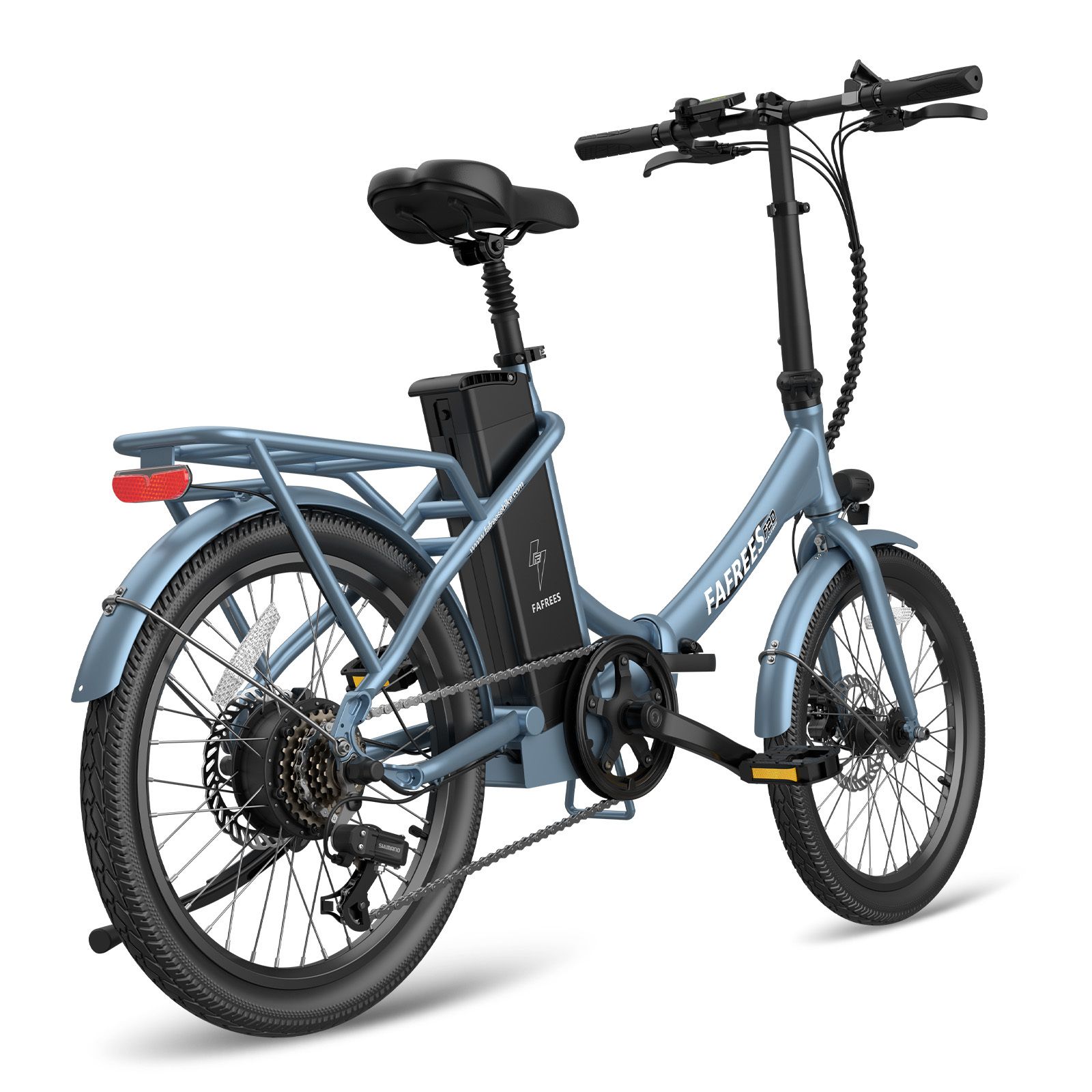 Vélo électrique Fafrees F20 bleu. Cadre pliable, porte-bagages, freins à disque. Batterie sur cadre. Pneus et selle noirs.