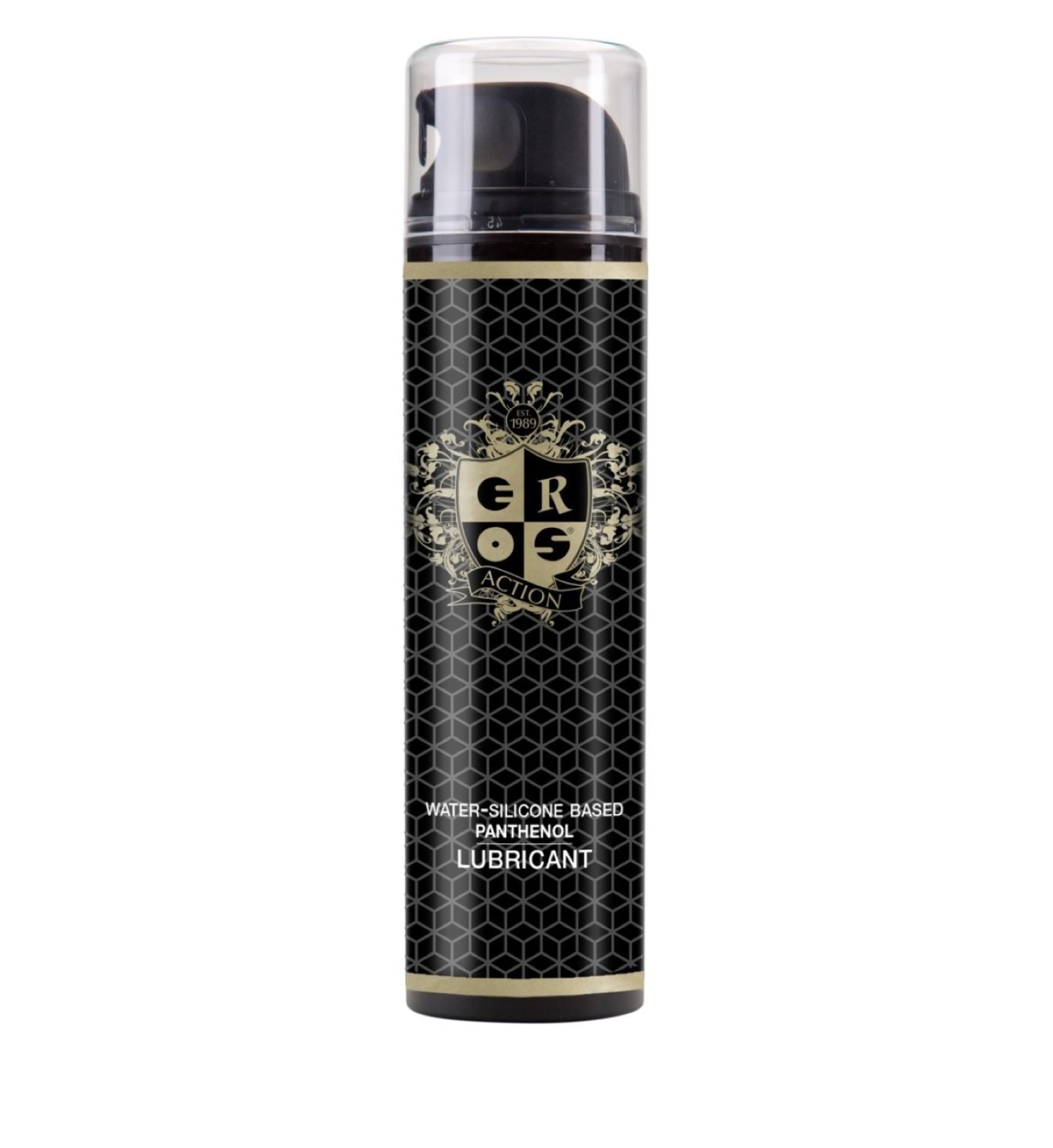 Flacon cylindrique noir avec bouchon. Texte: 'EROS ACTION'. Inscription: 'WATER-SILICONE BASED PANTENOL LUBRICANT'.