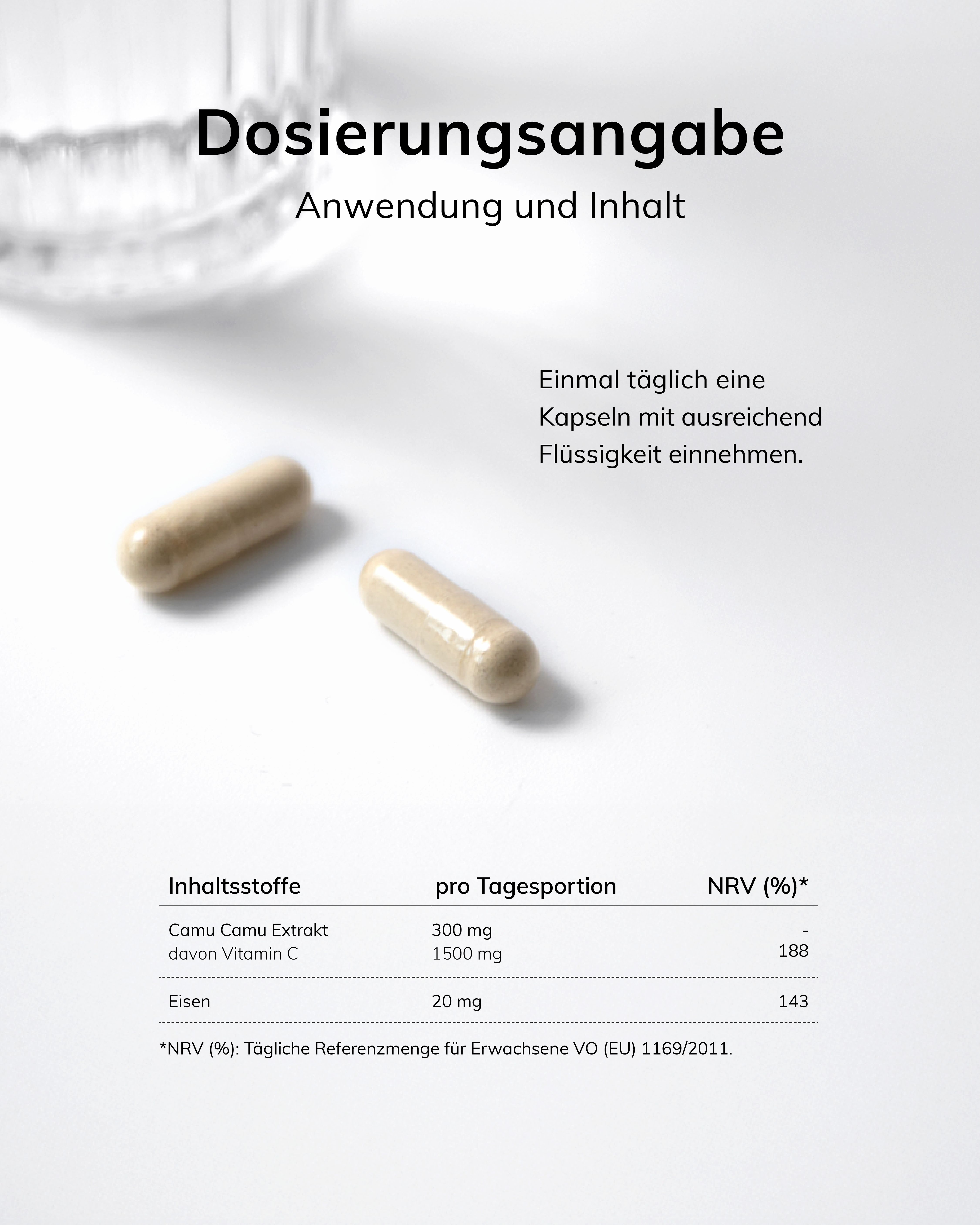 Twee capsules en tekst: Dosering. Camu Camu extract, Vitamine C, IJzer. Ingrediënten per dagelijkse portie.
