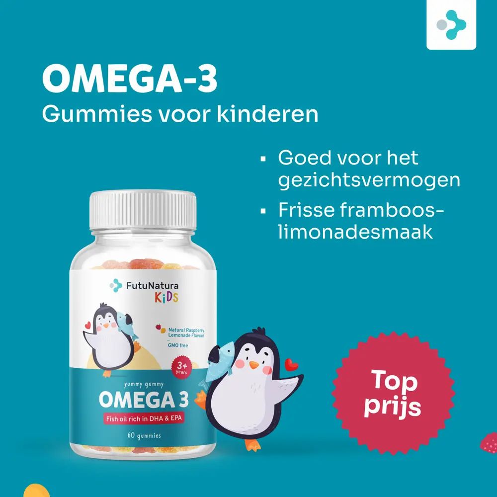 Fles FutuNatura Omega-3 Gummies voor kinderen. Tekst: Omega-3 Gummies voor kinderen. Pinguïn illustratie. Top prijs.