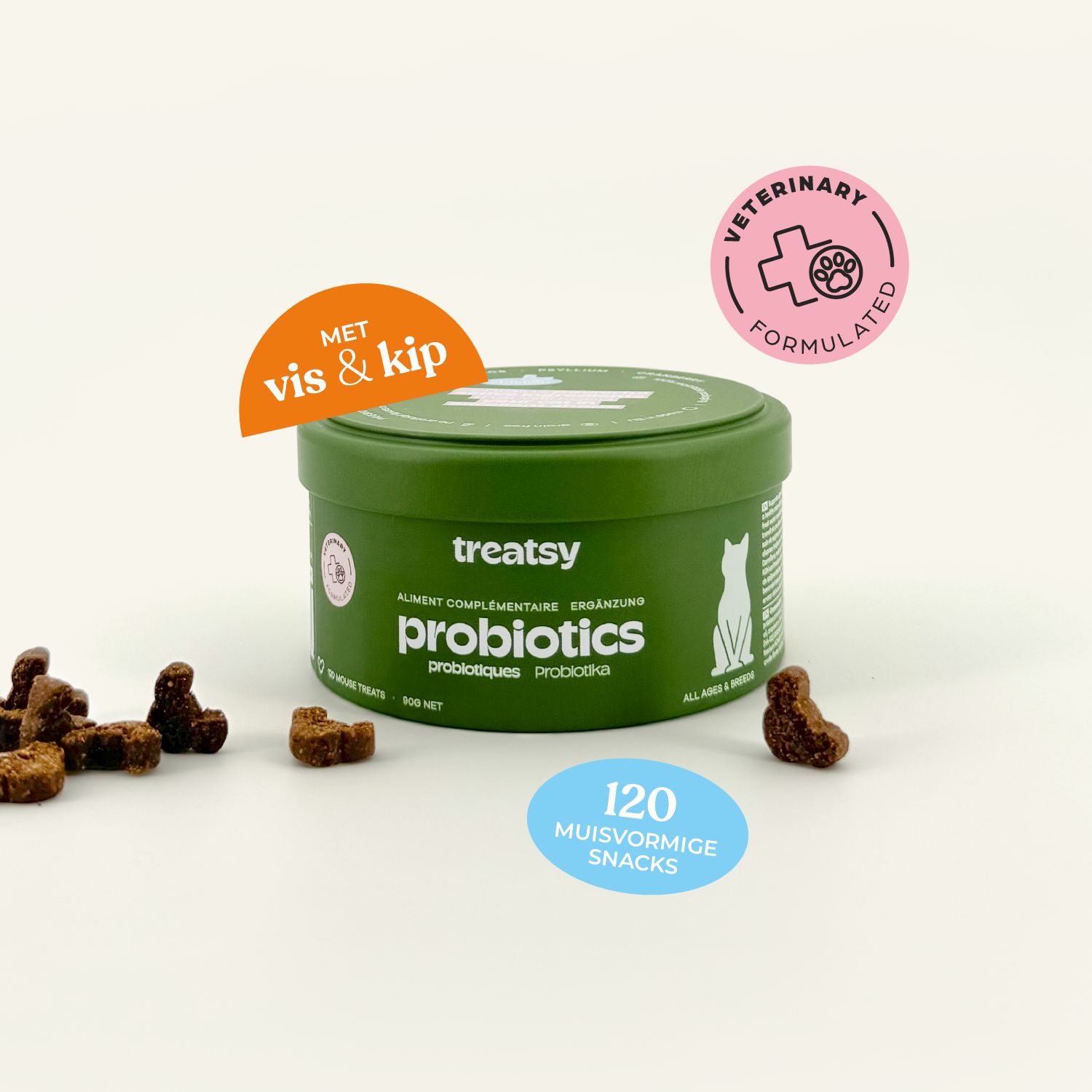 Groene pot met 'Treatsy Probiotics' voor katten. Pijlen wijzen naar tekst en logo's.