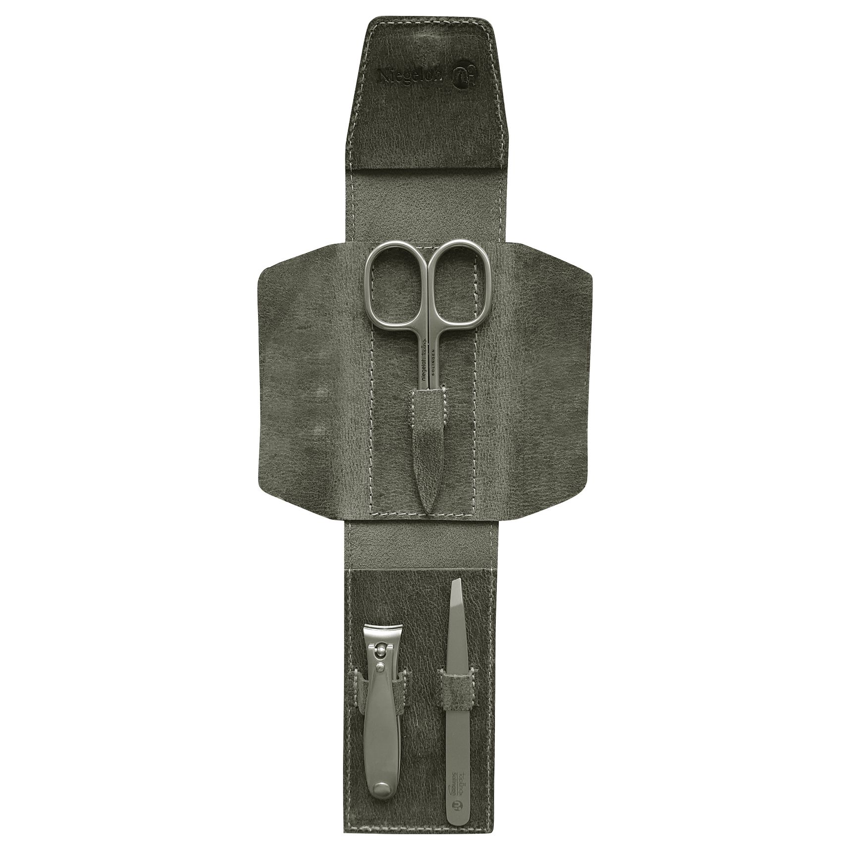Étui en cuir gris avec set de manucure. Ciseaux, lime à ongles et coupe-ongles inclus. Logo Niegeloh visible.