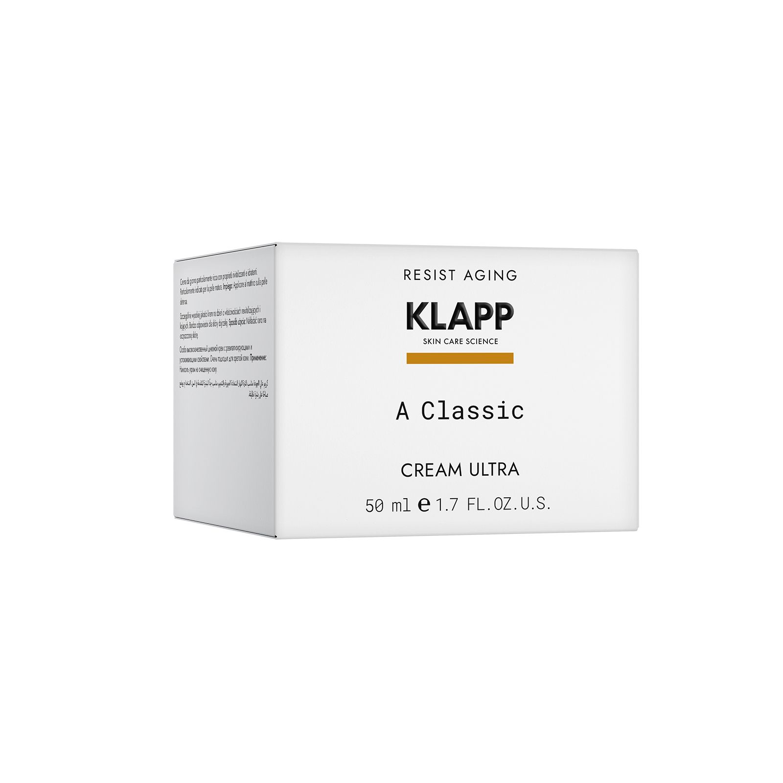 Witte verpakking met productinformatie. Opschrift: KLAPP, A Classic CREAM ULTRA, 50 ml.