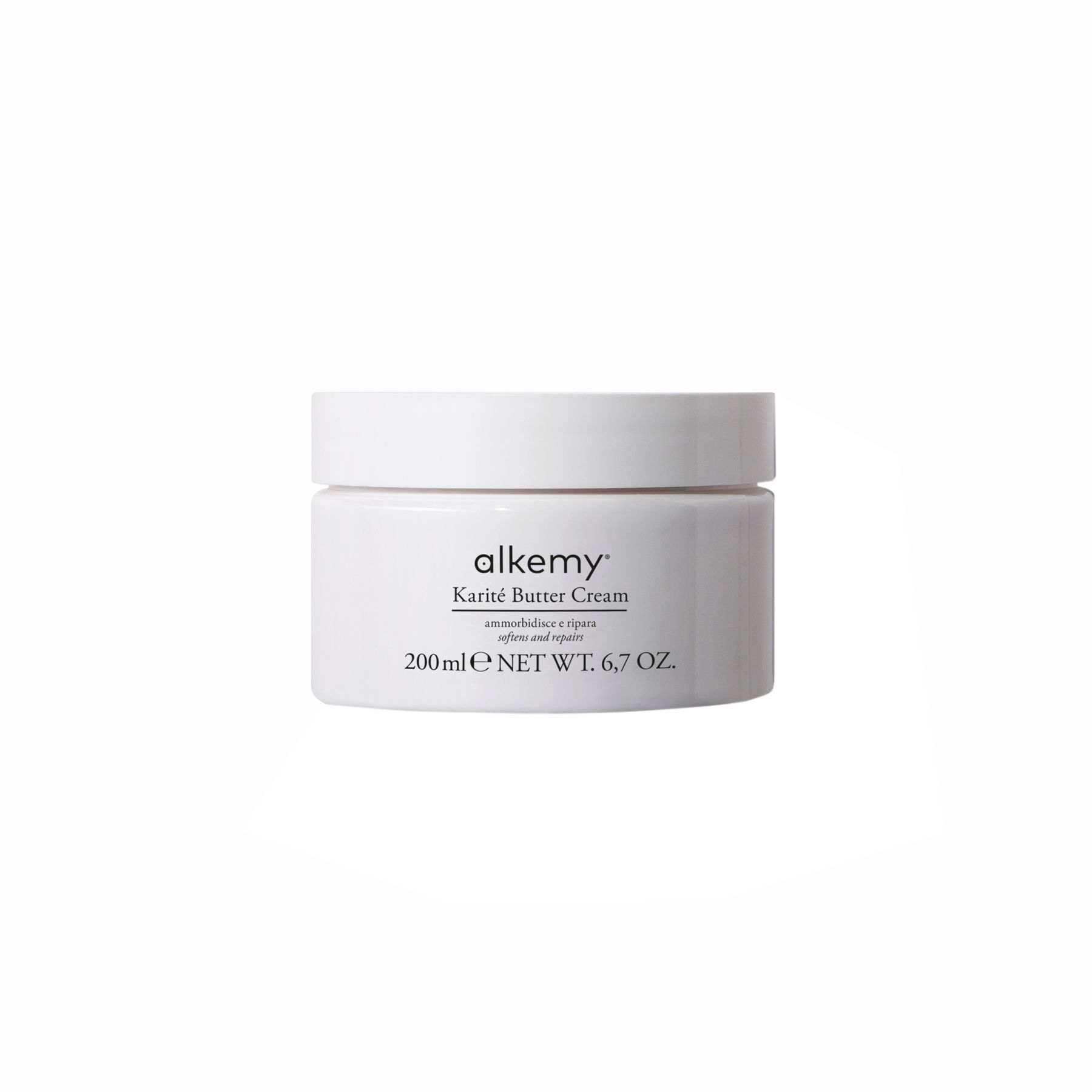 Een witte container met het etiket 'alkemy Karité Butter Cream', 200ml.