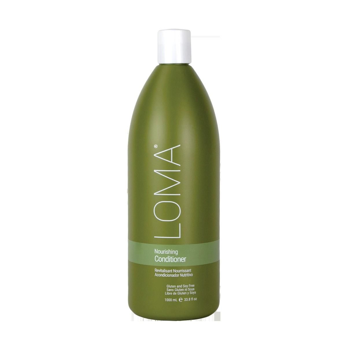 Groene fles met witte pomp. Opschrift LOMA, Conditioner. 1000 ml.