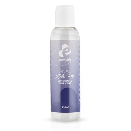Transparante fles met witte dop. Etiket met "easyglide", "ANAL Relaxing" en "WATERBASED LUBRICANT".
