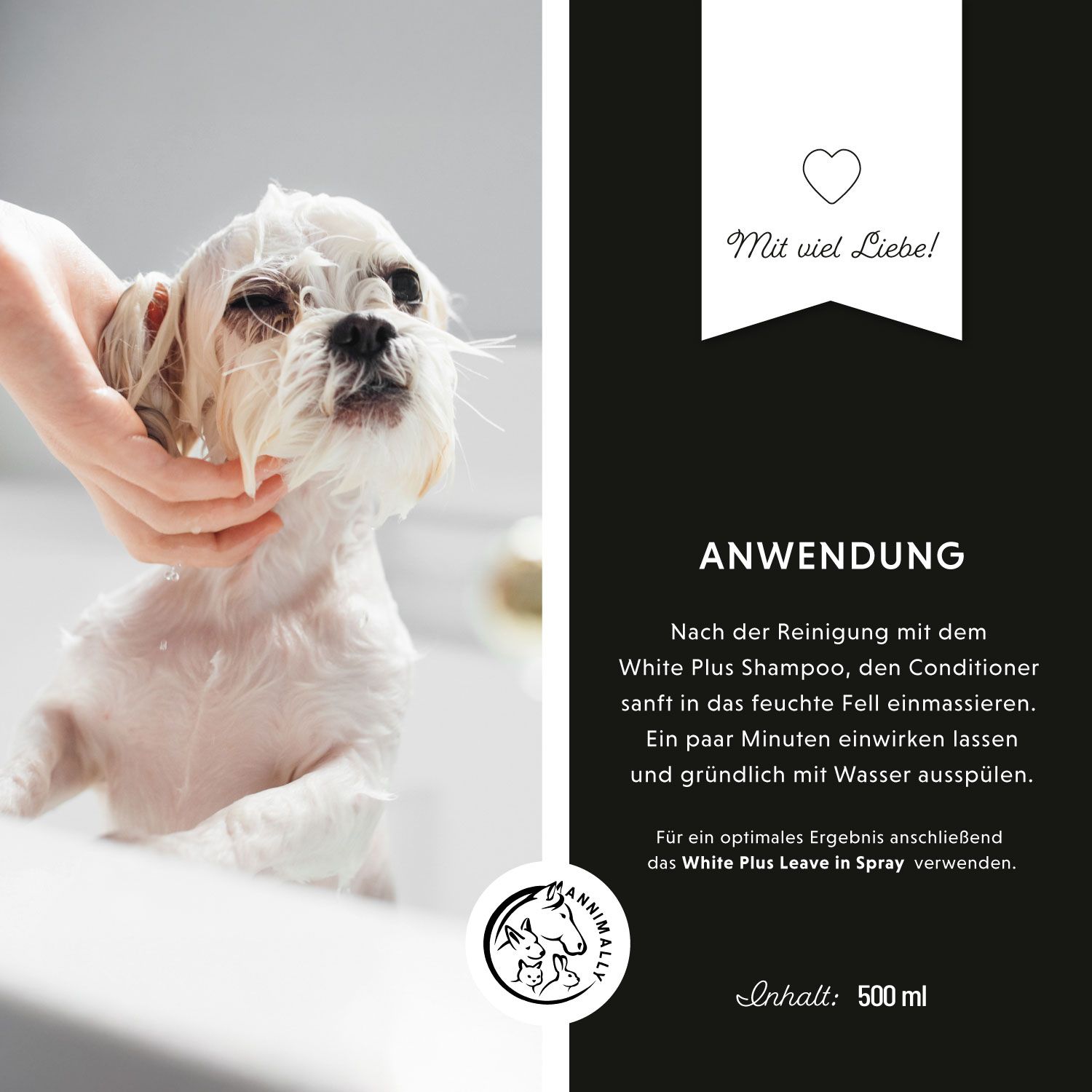 Chien dans une baignoire. Texte: Application. Après le shampooing, masser doucement le conditionneur. Contenu: 500 ml.