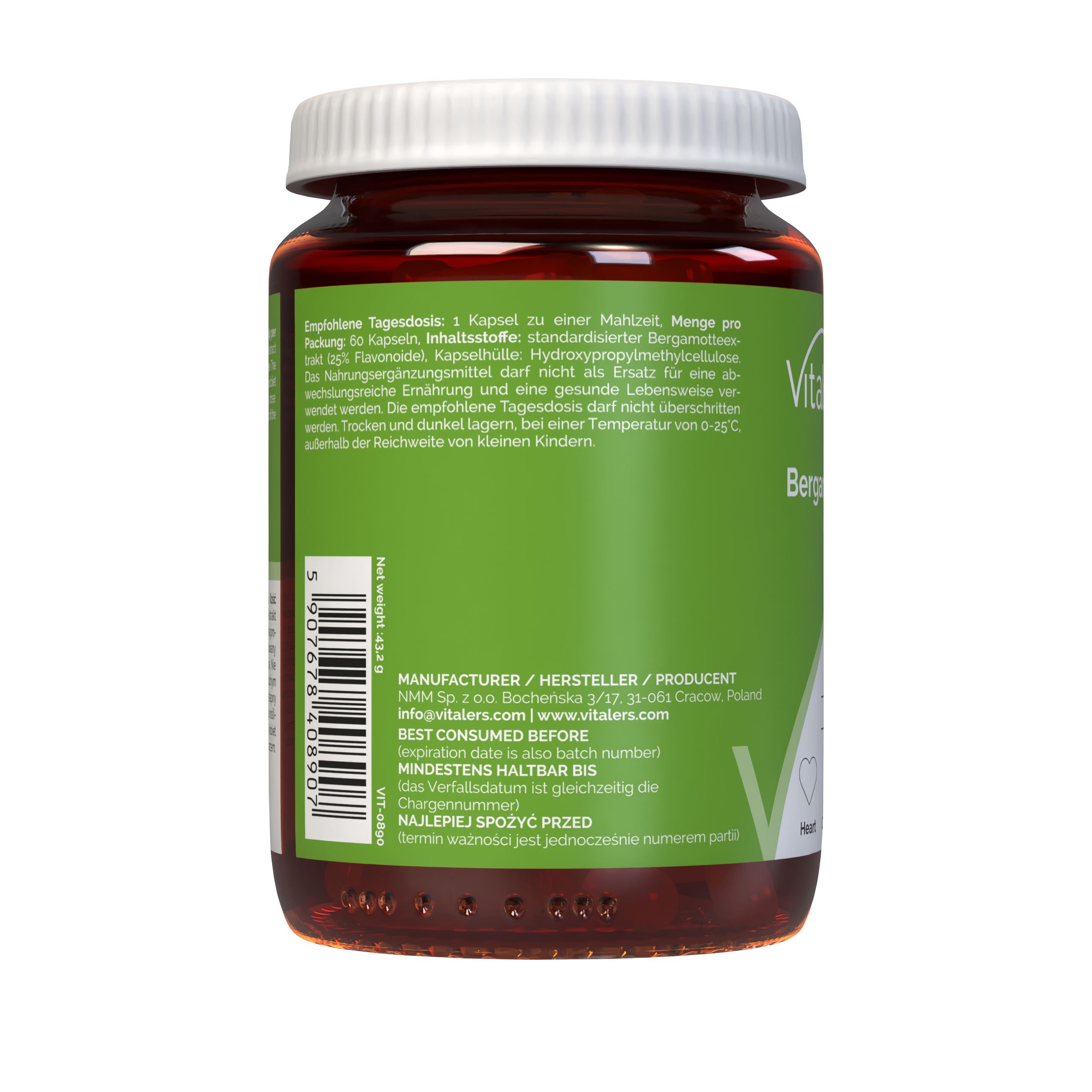 Vitaler’s Bergamot 600 mg: Fabrikantinformatie en houdbaarheidsdatum op de achterkant van het etiket.