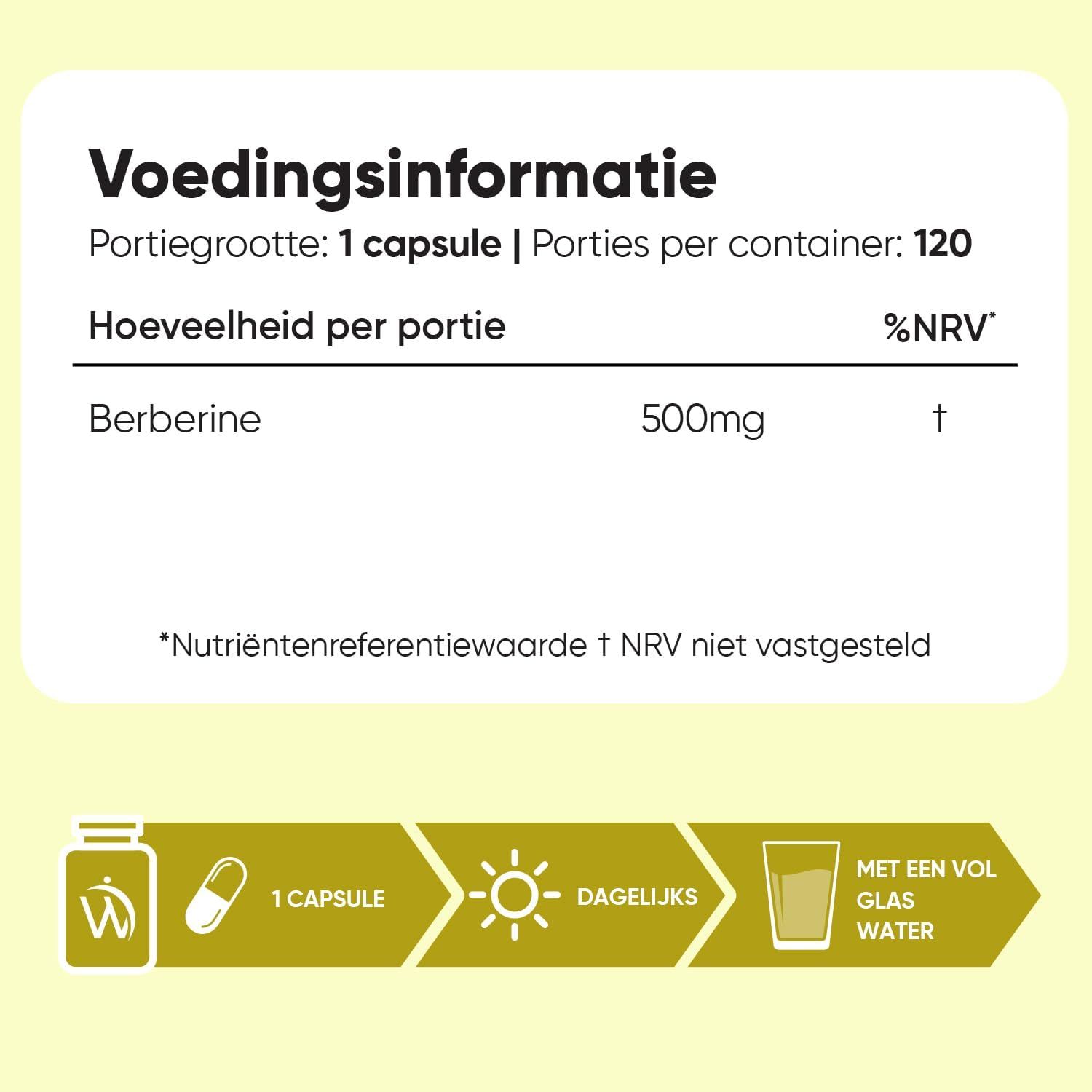 Voedingsinformatie: Berberine 500mg per capsule, 120 porties per container.