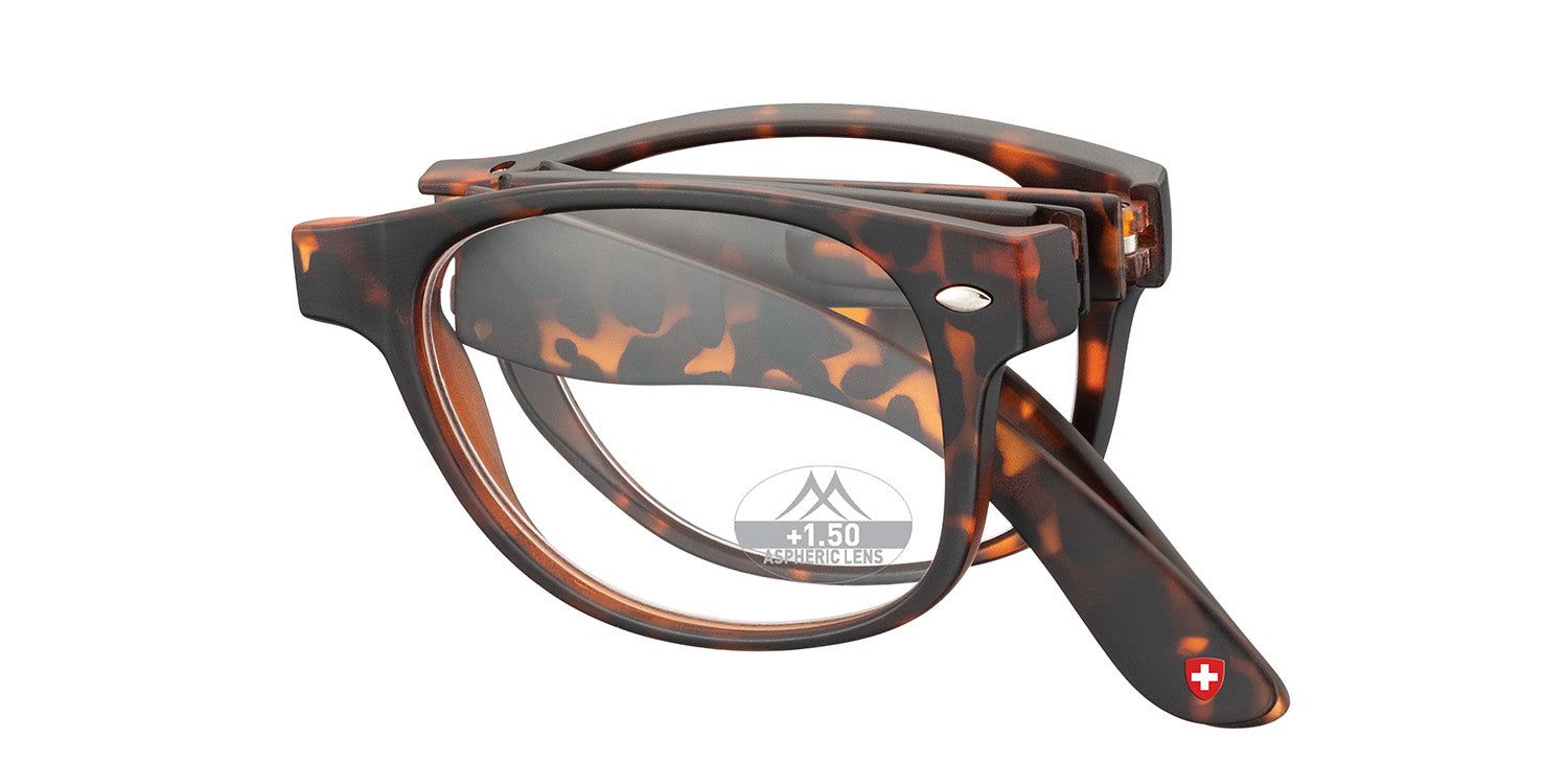 Opgevouwen leesbril, bruin montuur. +1.50 dioptrie. Zwitsers kruis op de poot.