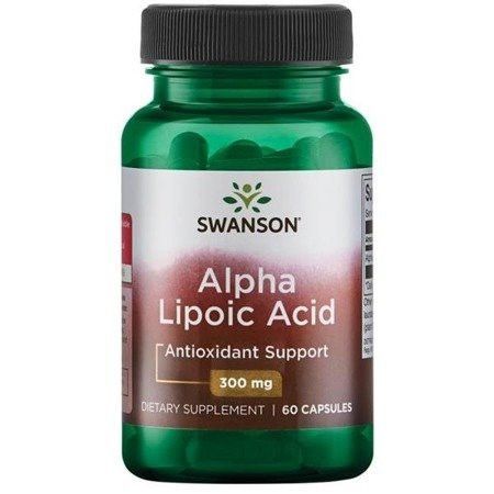 Groene fles met zwarte dop. Opschrift: SWANSON Alpha Lipoic Acid, 300 mg, 60 capsules.