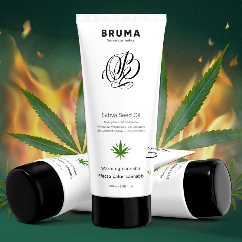 Bruma Sativa Seed Oil glijmiddel tubes voor vlammen en cannabisbladeren. Warm, intens design.