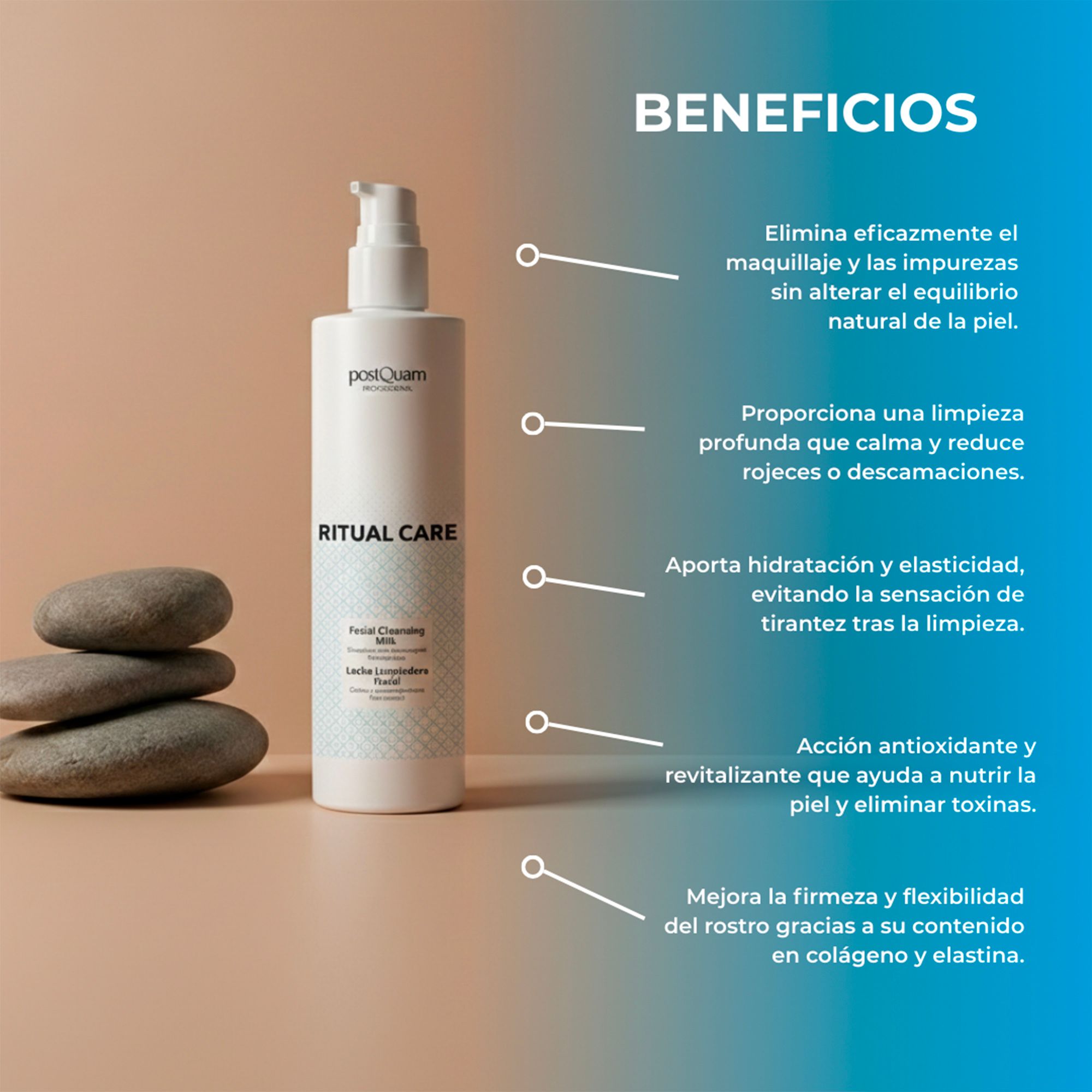 Witte fles met pomp, productnaam en tekst. Stenen links. Spaanse tekst: Voordelen, productvoordelen.