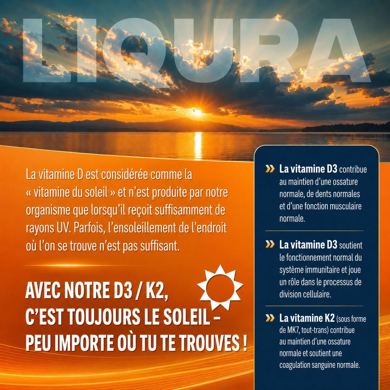 Spray LIQURA Vitamine D3+K2 avec emballage. Contient 25 ml.