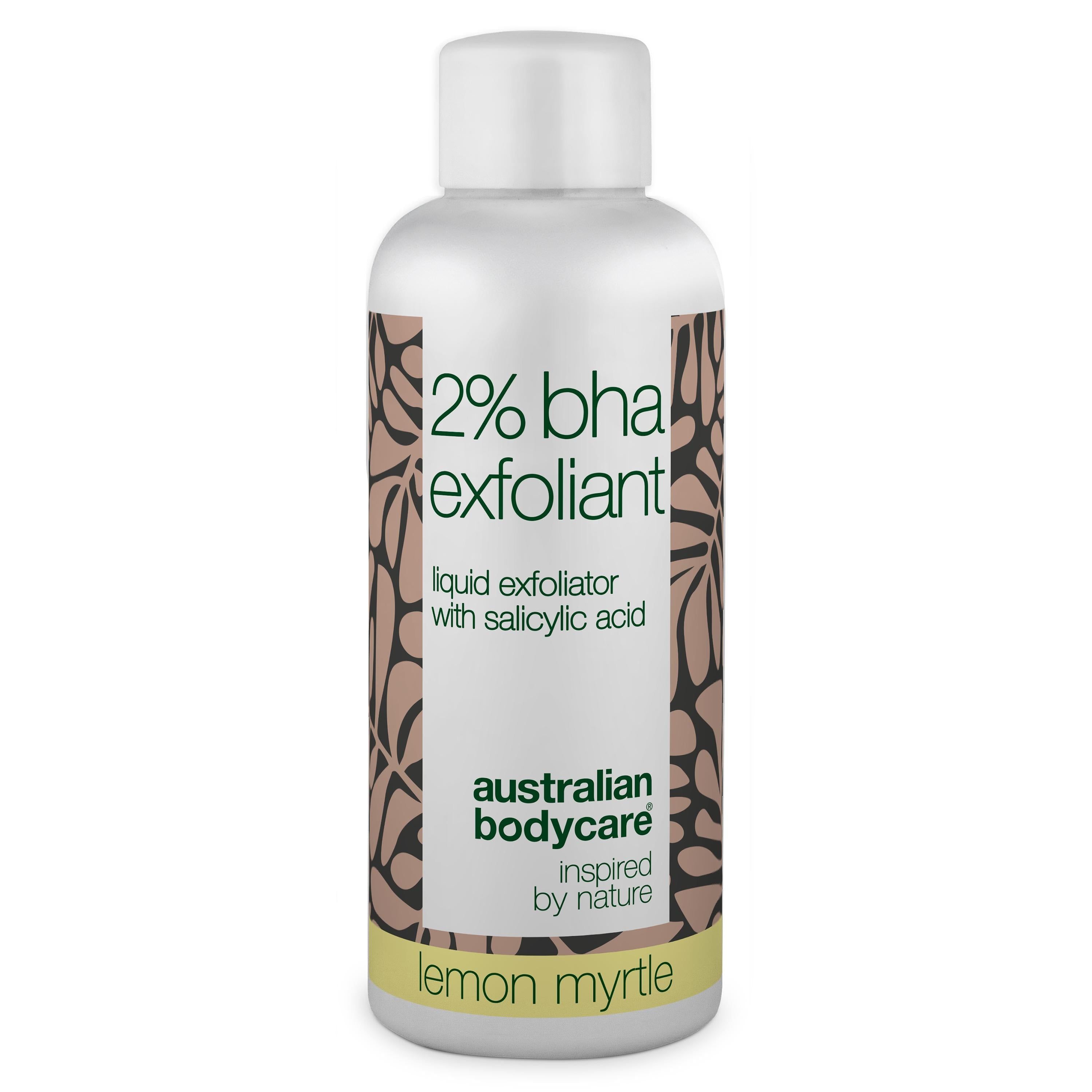 Witte fles met etiket. Opschrift: 2% BHA Exfoliant, Liquid Exfoliator. Merk: Australian Bodycare.