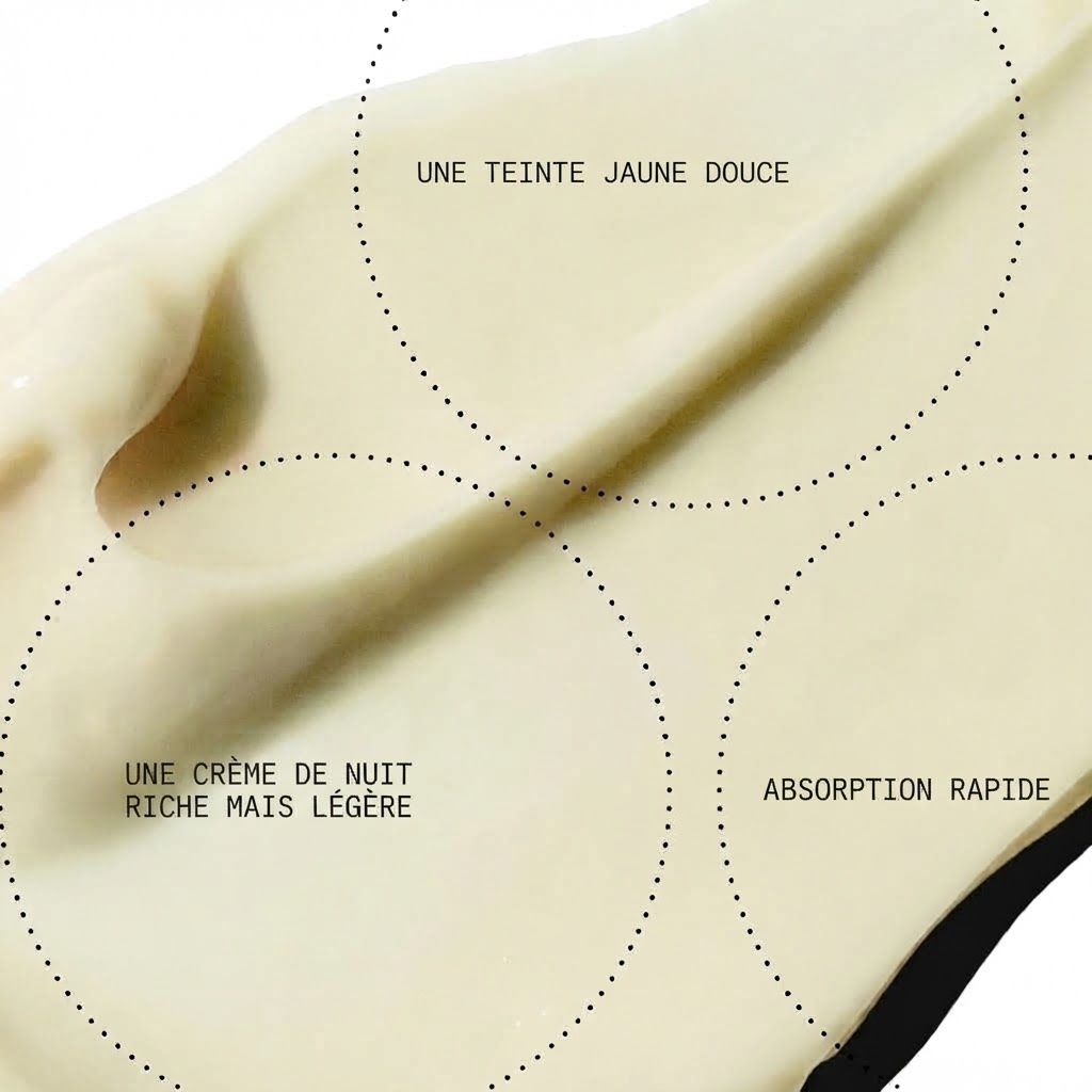 Une crème de nuit jaune pâle, riche mais légère, à absorption rapide.