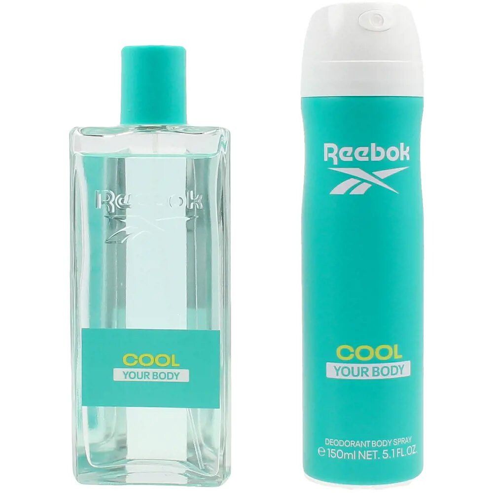 Coffret Reebok Cool Your Body. Eau de toilette et déodorant. Flacons turquoise avec logo blanc et inscription Cool Your Body.