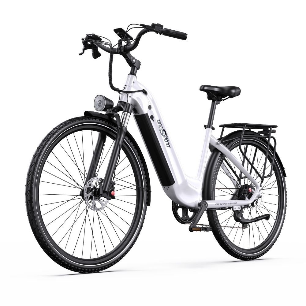 Vélo électrique blanc avec pneus et détails noirs. Porte-bagages, phare et guidon visibles. Logo Onesport.
