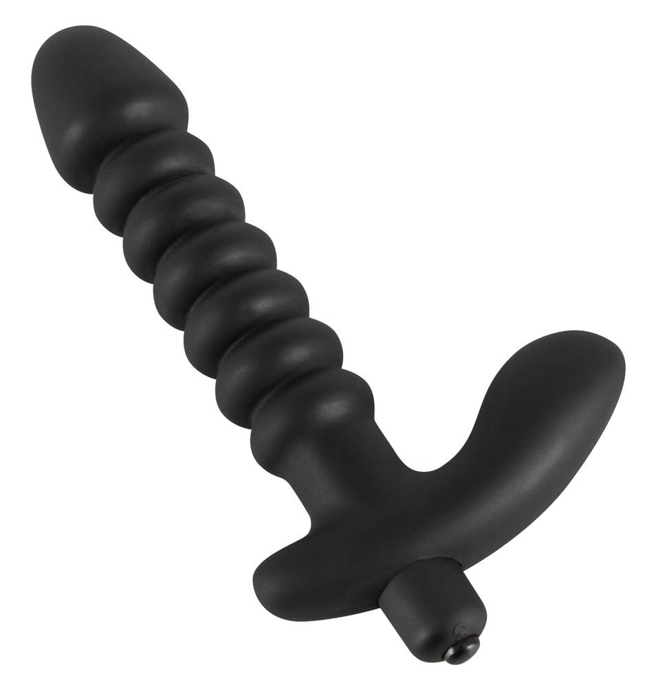 Zwarte vibrator, geribbelde schacht en gebogen handvat, geïsoleerd.