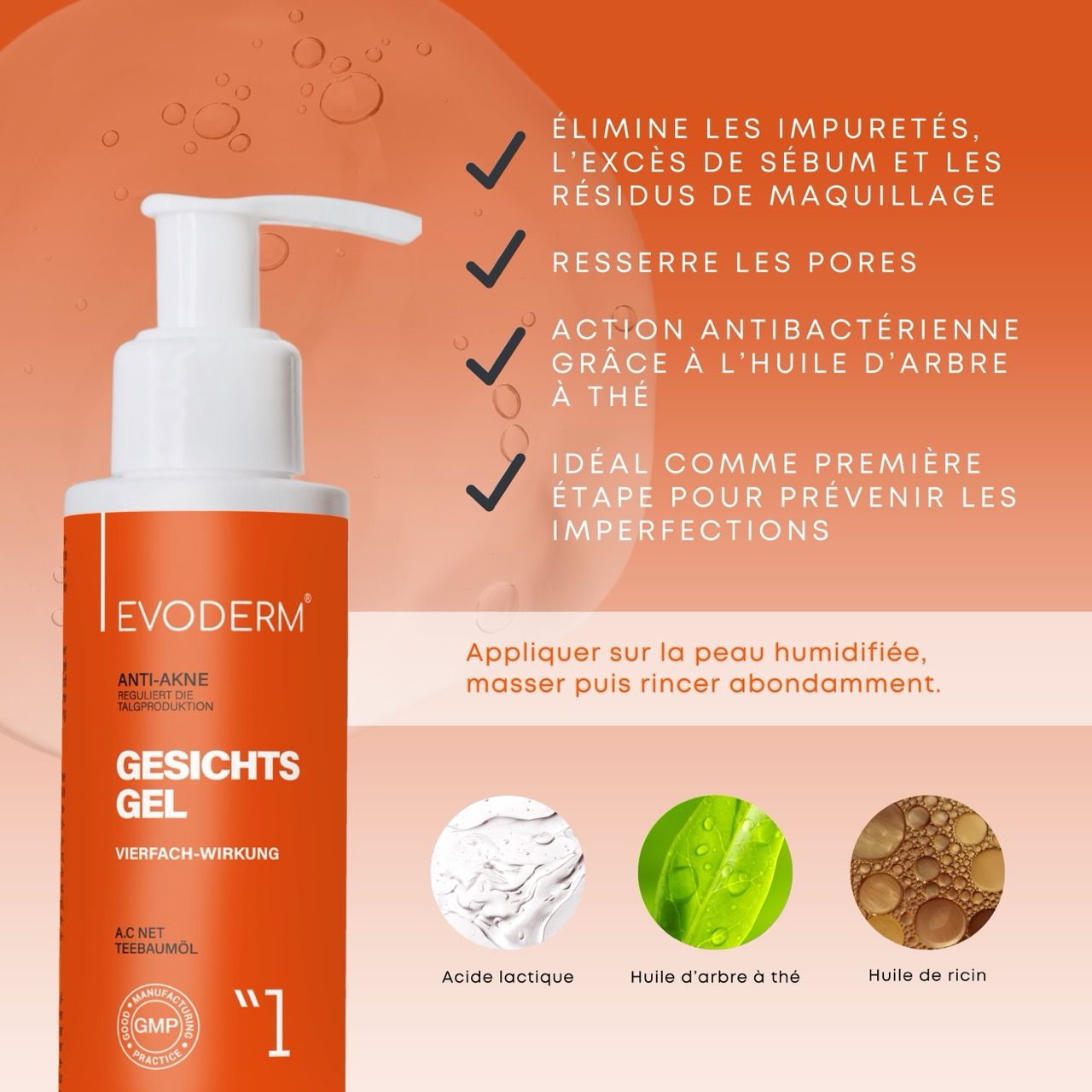 Trois produits : gel, tonique et sérum. Femme en arrière-plan. Texte : Soin anti-acné. Testé dermatologiquement.