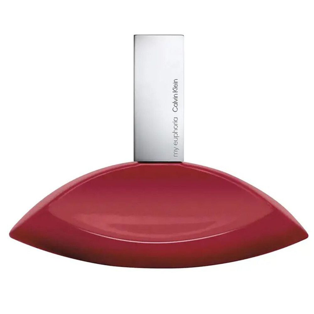 Flacon rouge avec bouchon argenté. Inscription: my euphoria Calvin Klein.