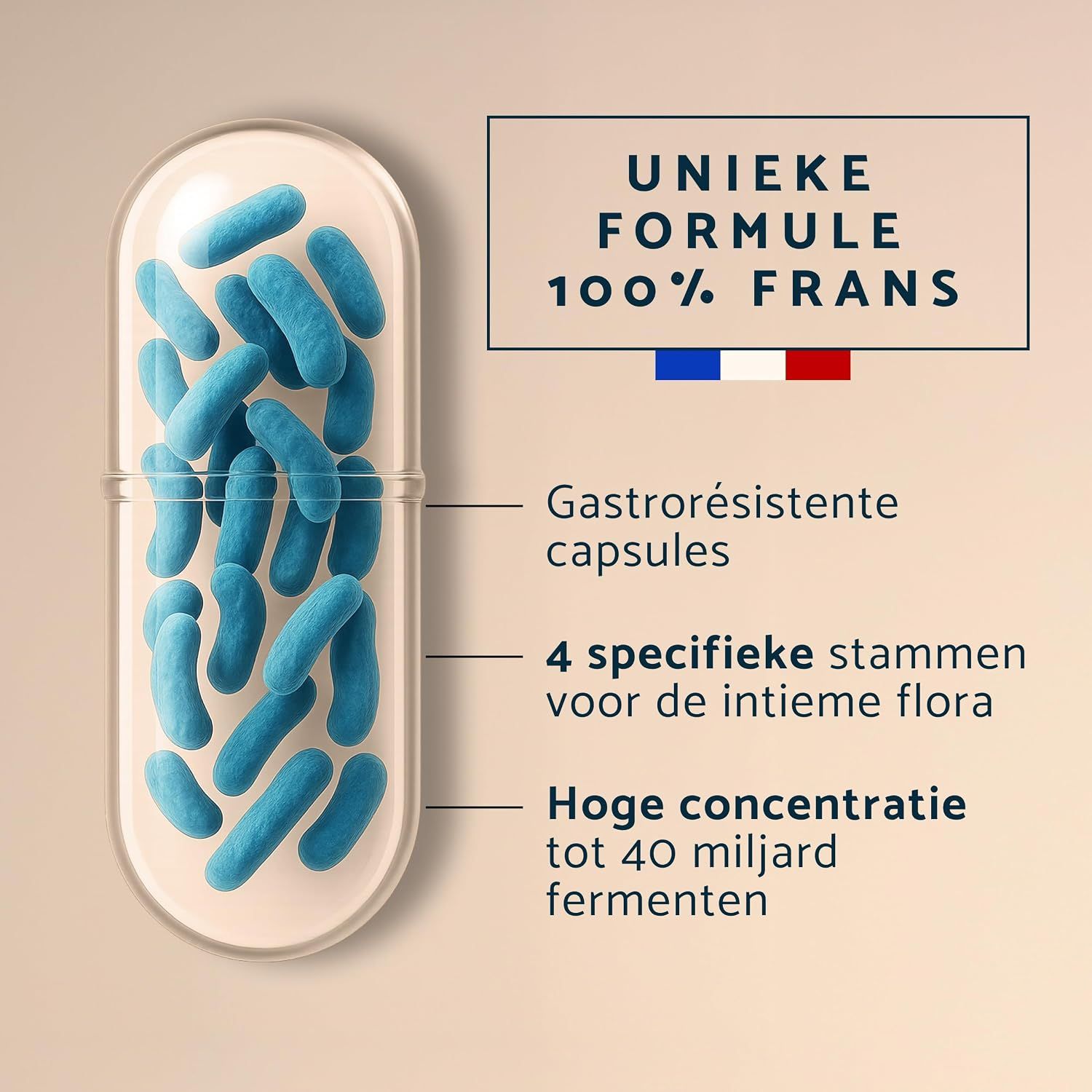 Een capsule gevuld met blauwe, staafvormige bacteriën. Tekst: "Unieke formule 100% Frans", "Gastroresistente capsules", "4 specifieke stammen voor de intieme flora", "Hoge concentratie tot 40 miljard fermenten".