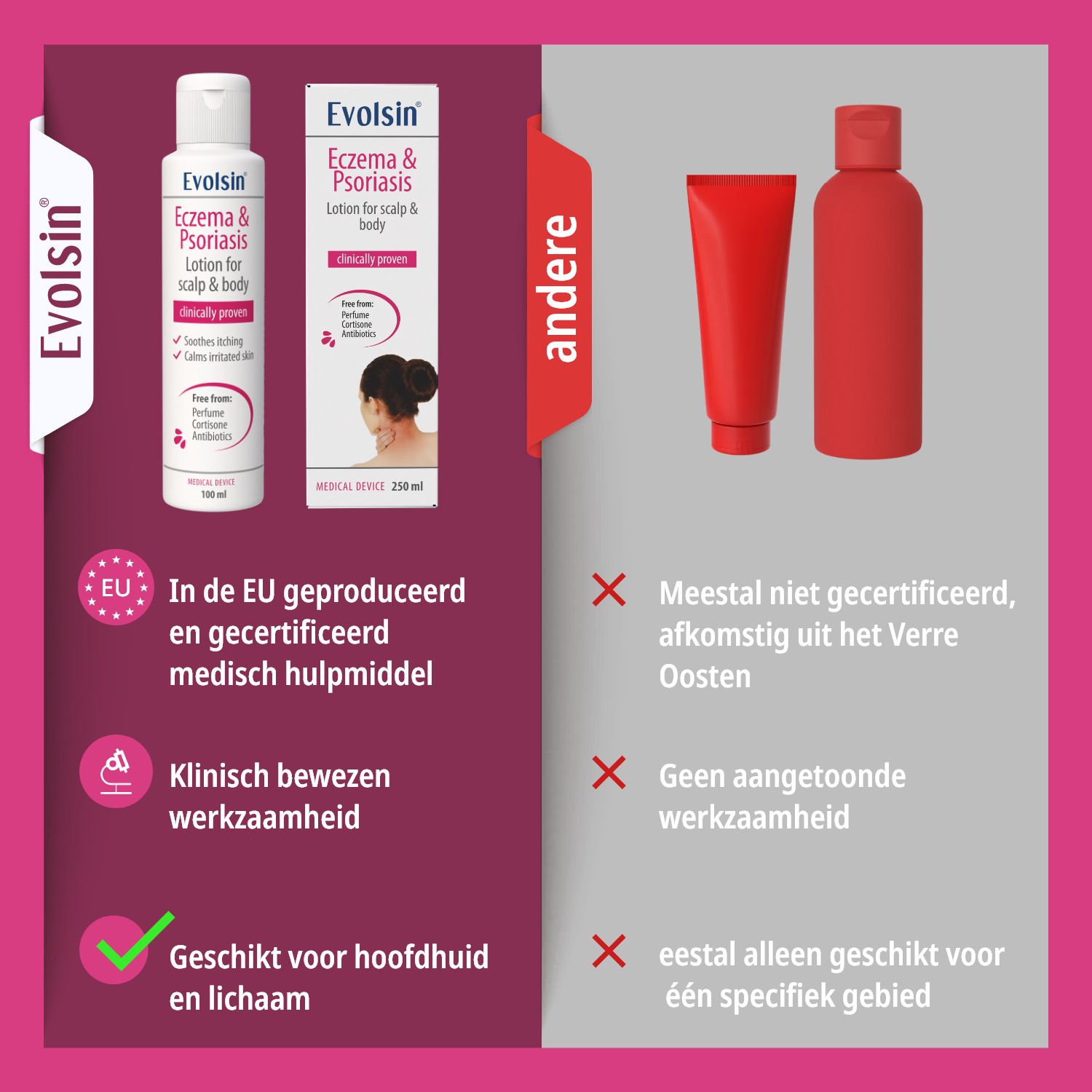 Vergelijking: EU-gecertificeerd medisch hulpmiddel. Klinisch bewezen. Geschikt voor hoofdhuid en lichaam. Andere producten.