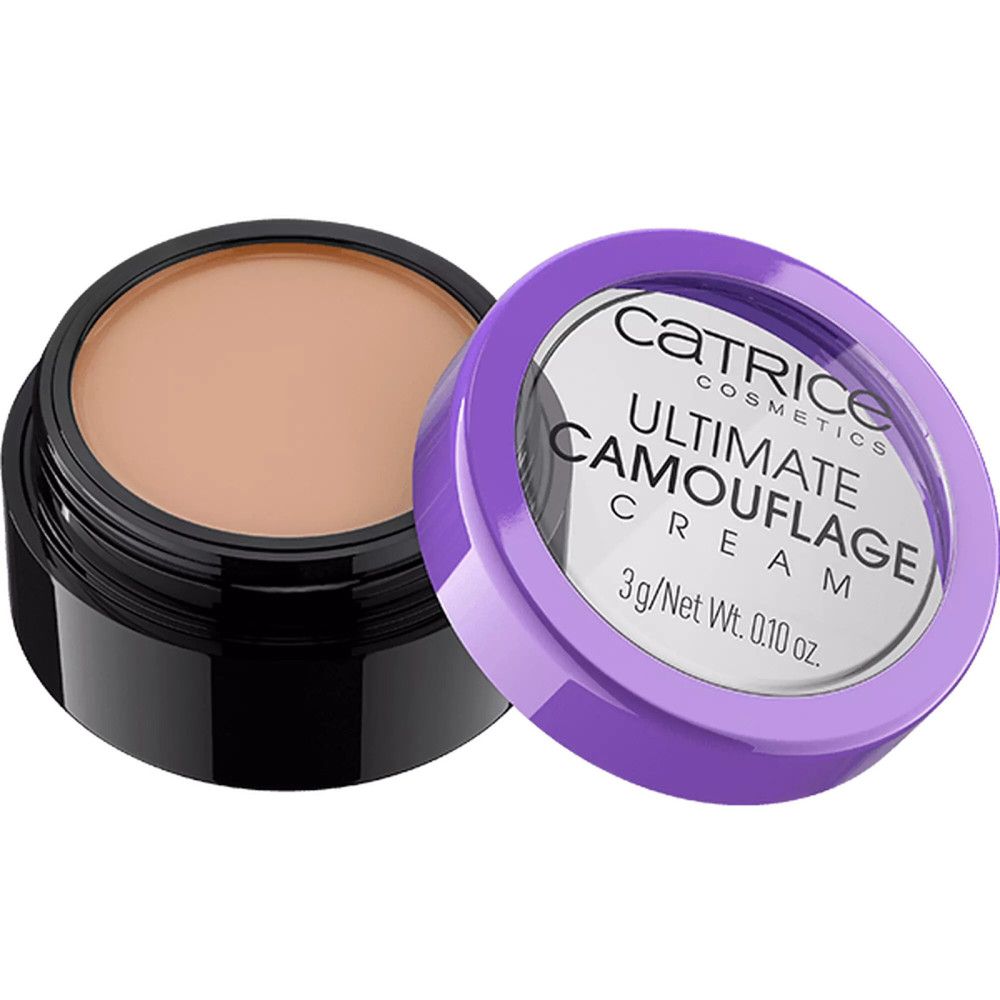 Correcteur crème Catrice Ultimate Camouflage. Pot ouvert avec crème beige. Couvercle violet avec nom du produit et 3g/Net Wt. 0.10 oz.