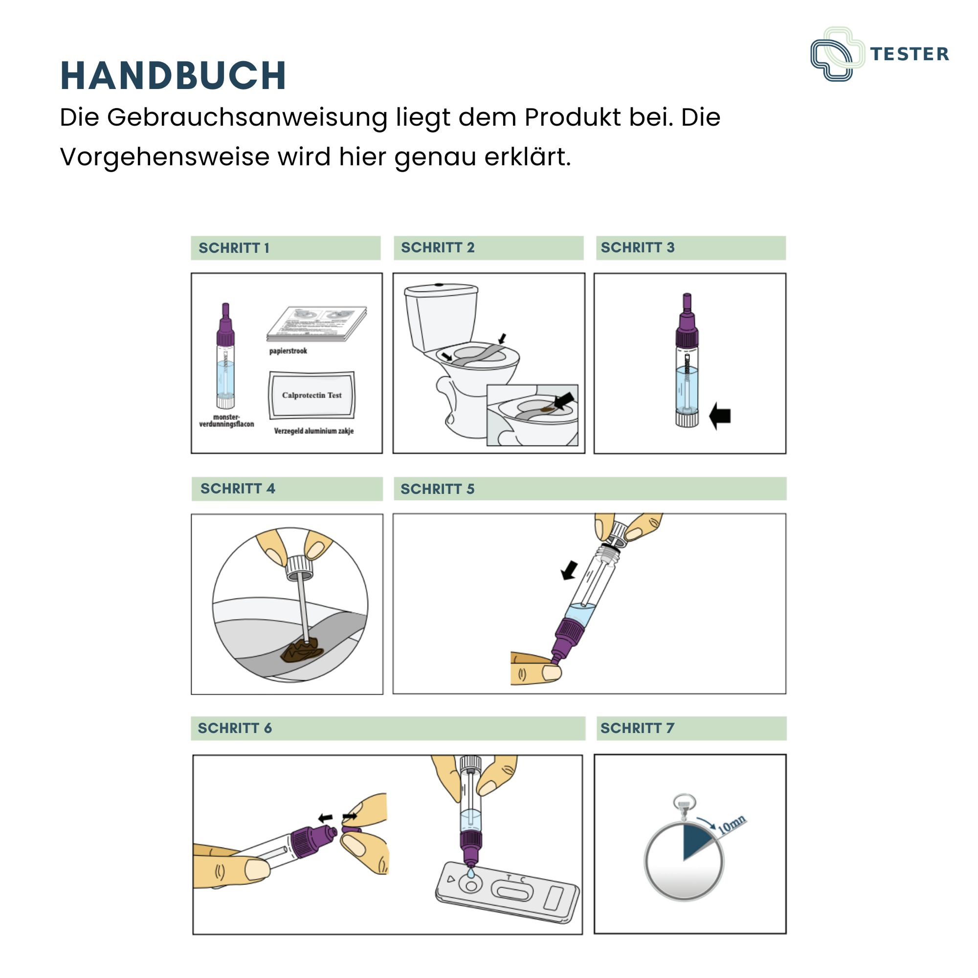 Instructions avec 7 étapes pour effectuer un test intestinal. Les illustrations montrent le prélèvement et le processus de test.