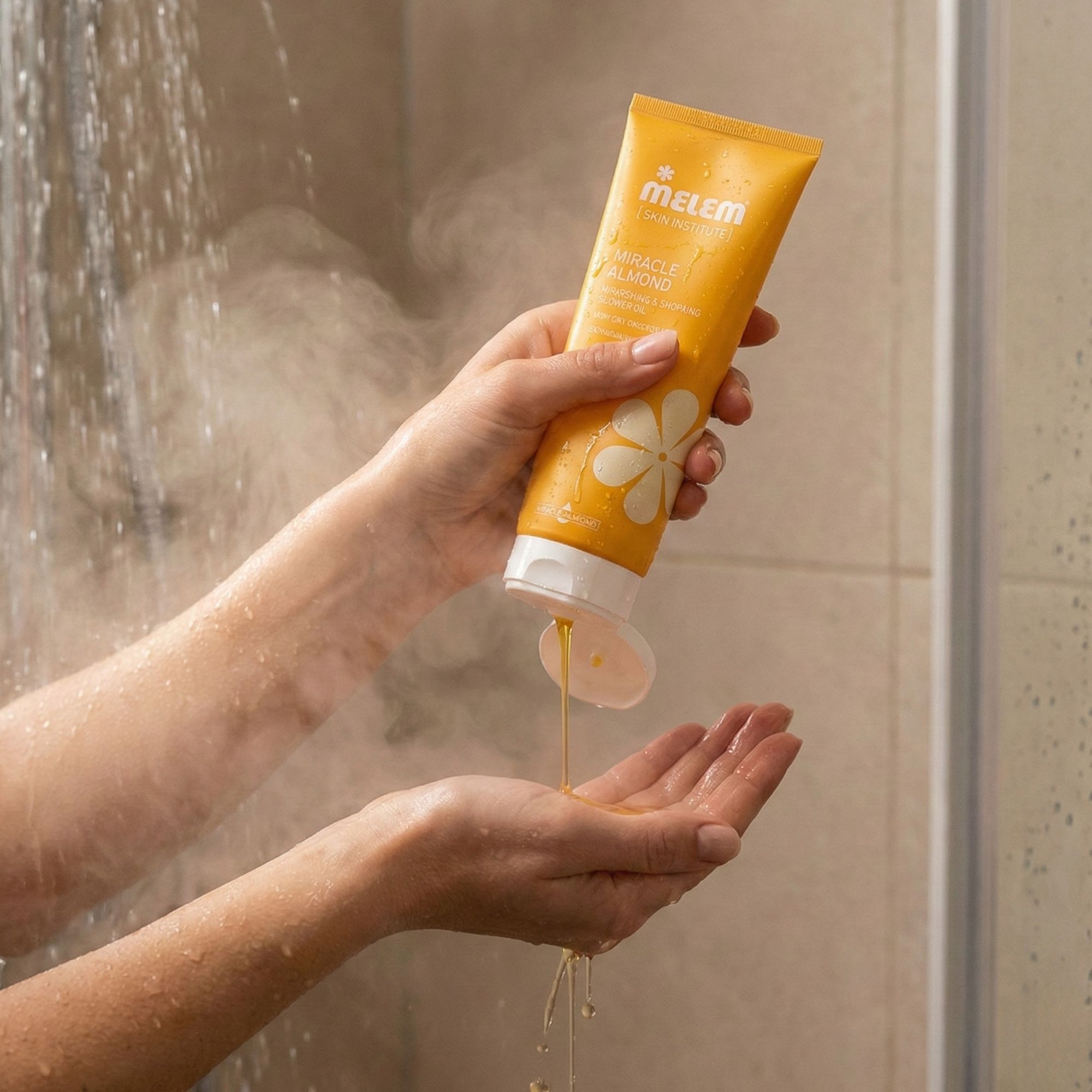 Gele tube Melem, Miracle Almond. Doucheolie wordt in de hand gedrukt. Close-up van een persoon onder de douche.