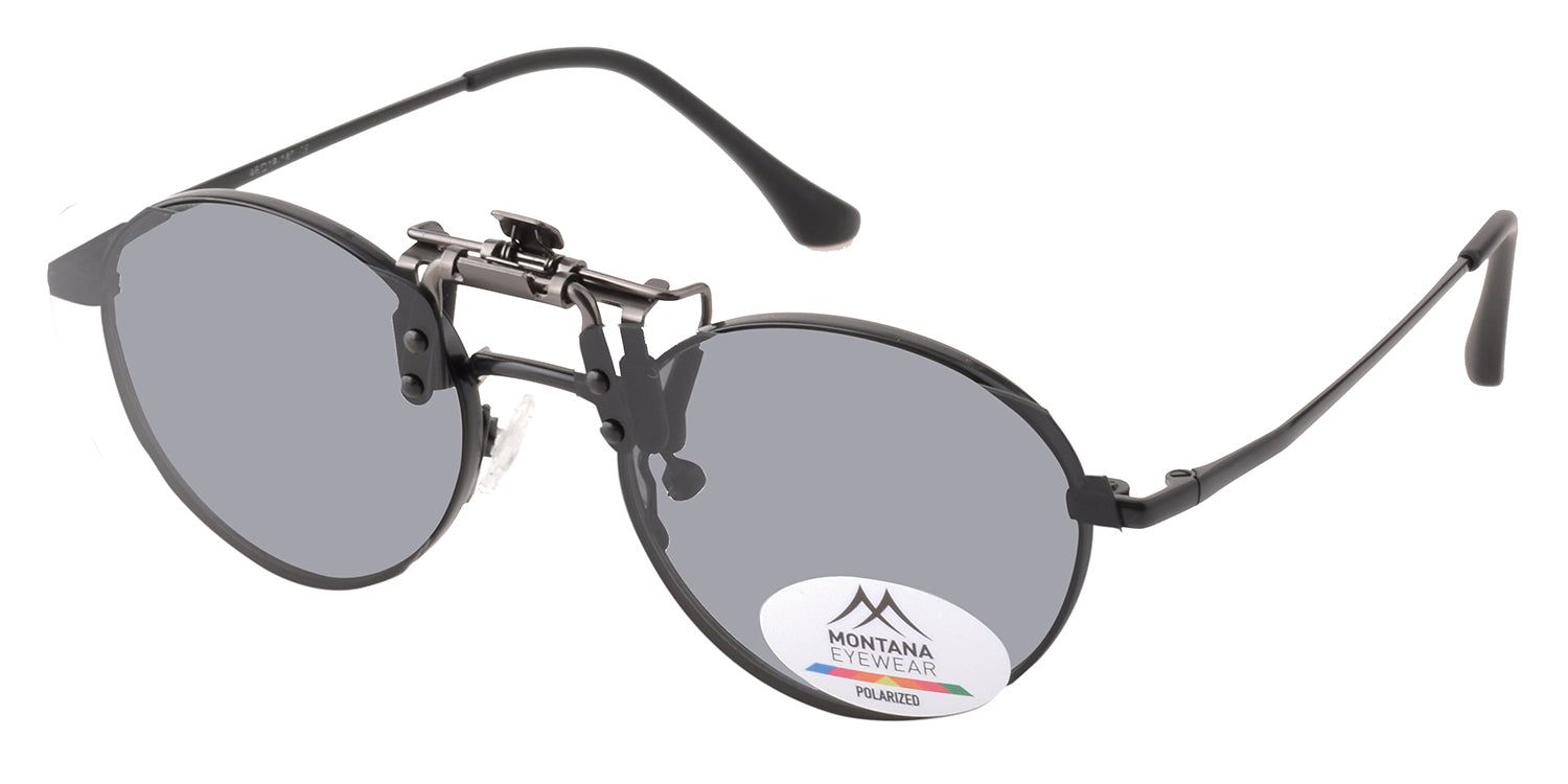 Lunettes de soleil clip-on Montana Eyewear Mauritius. Verres ronds gris. Monture noire. Logo.