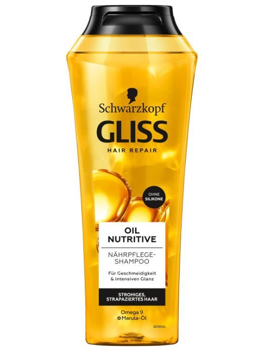 Shampoo jaune avec bouchon noir. Schwarzkopf Gliss Oil Nutritive. Texte : Shampooing nutritif, Oméga 9 + huile de Marula.