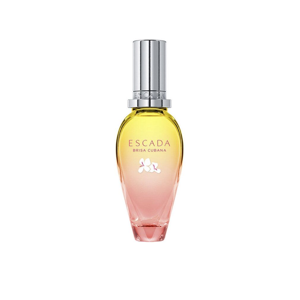 Escada Brisa Cubana Eau de Toilette fles. Roze-gele kleurverloop, zilveren dop. Bloemen decoratie.