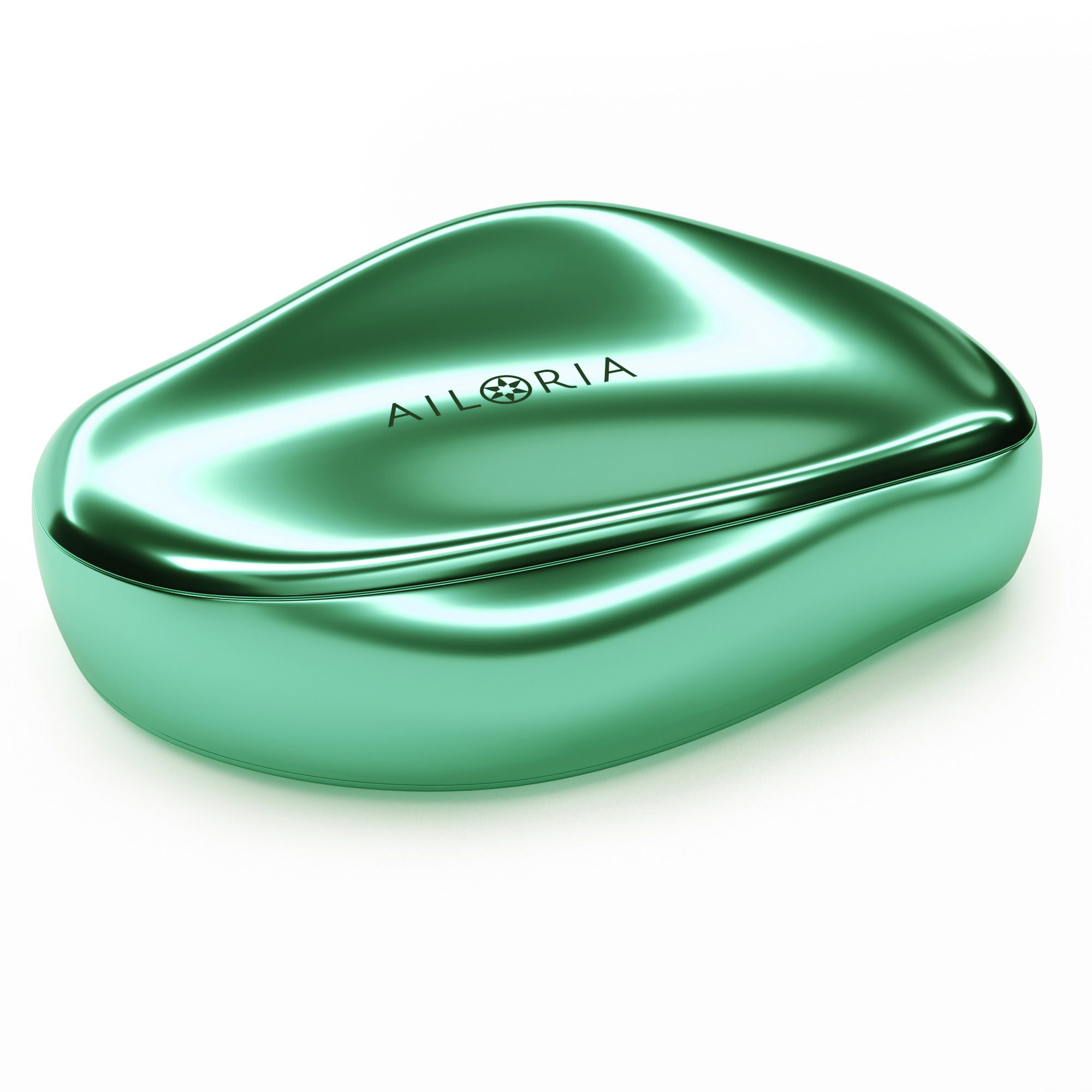 Étui ovale vert avec surface brillante. Logo AILORIA sur le dessus.