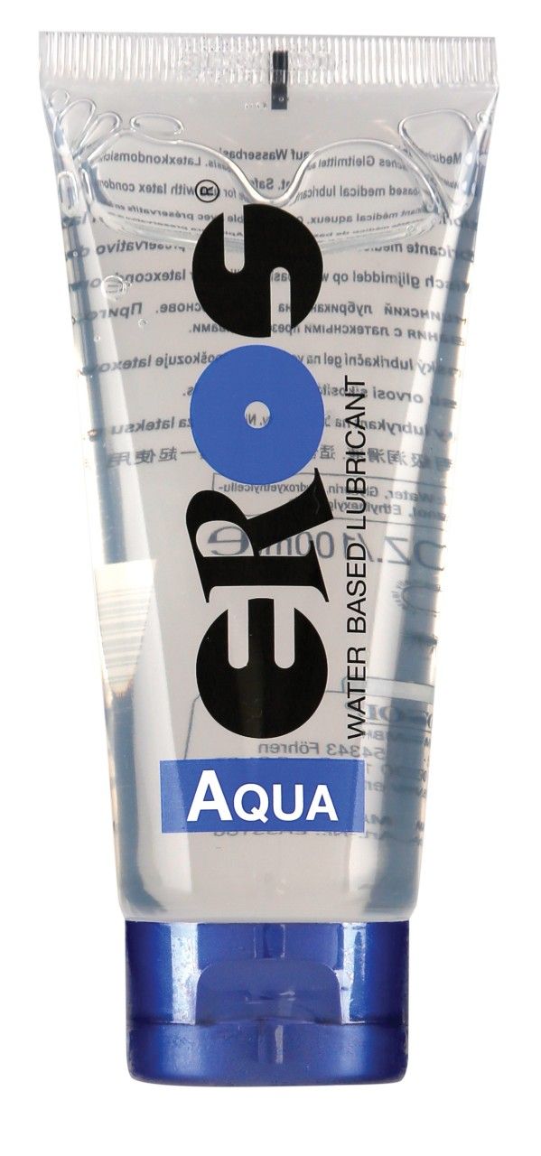Tube avec bouchon bleu. Inscription: EROS Aqua, lubrifiant à base d'eau.
