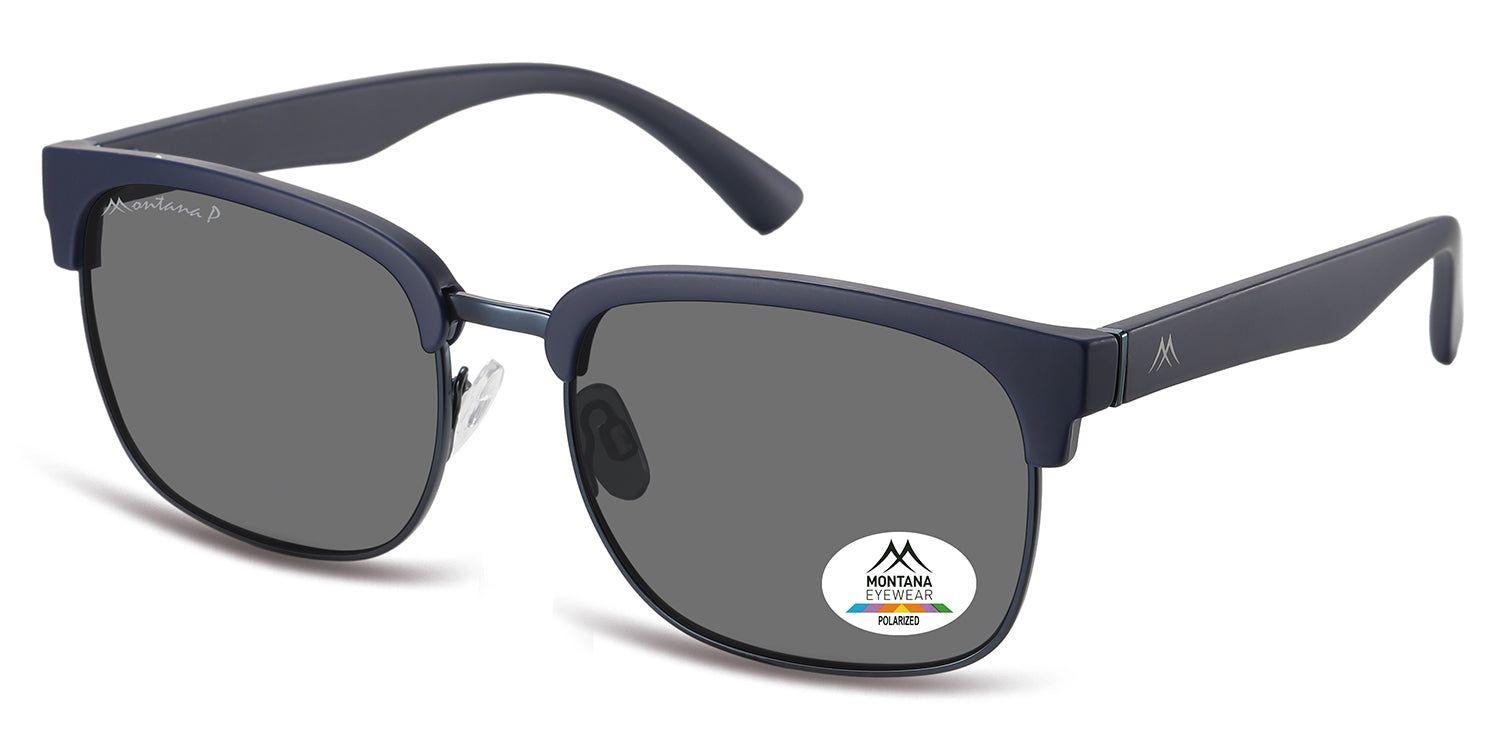 Lunettes de soleil bleu foncé, verres gris. Logo Montana Eyewear sur la lentille et la branche. Monture métallique, perspective oblique.